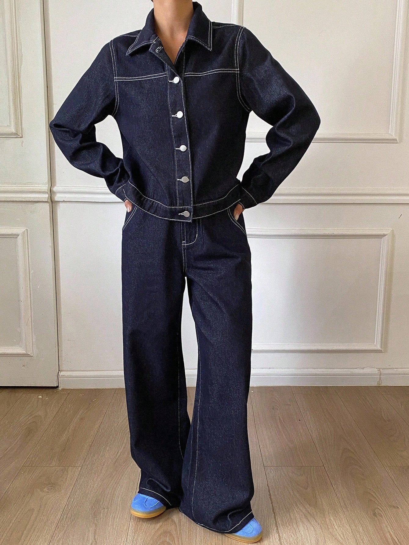 CM-SS679017 Women Casual Seoul Style Collar Neckline Drop Shoulder Color Block Denim Jacket With Wide Leg Pants - Set
