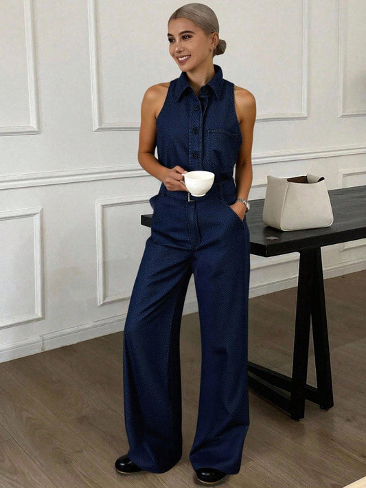 CM-SS697197 Women Casual Seoul Style Lapel Neckline Sleeveless Belted Fitted Vest Top With Wide Leg Pants - Set
