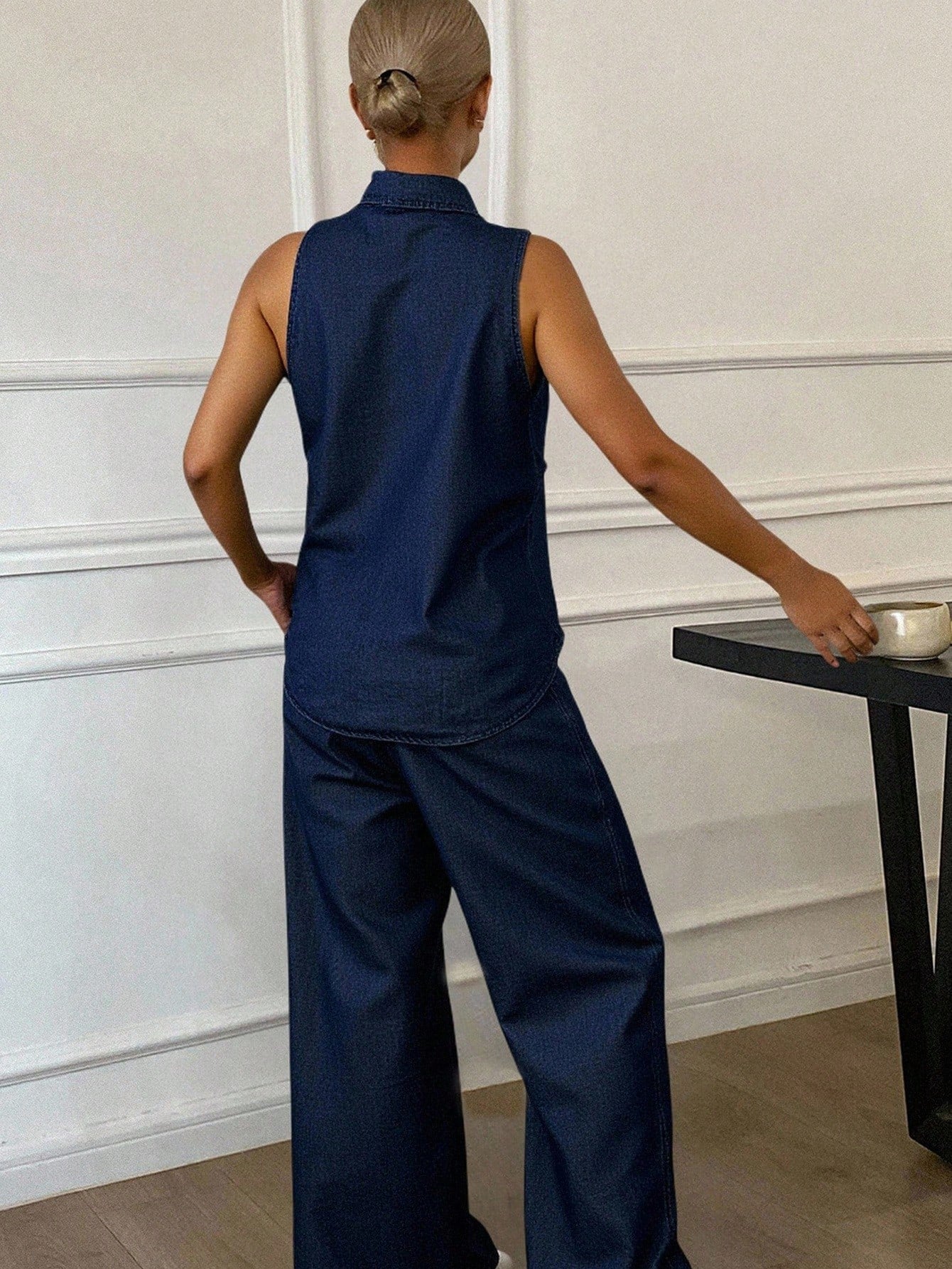 CM-SS697197 Women Casual Seoul Style Lapel Neckline Sleeveless Belted Fitted Vest Top With Wide Leg Pants - Set