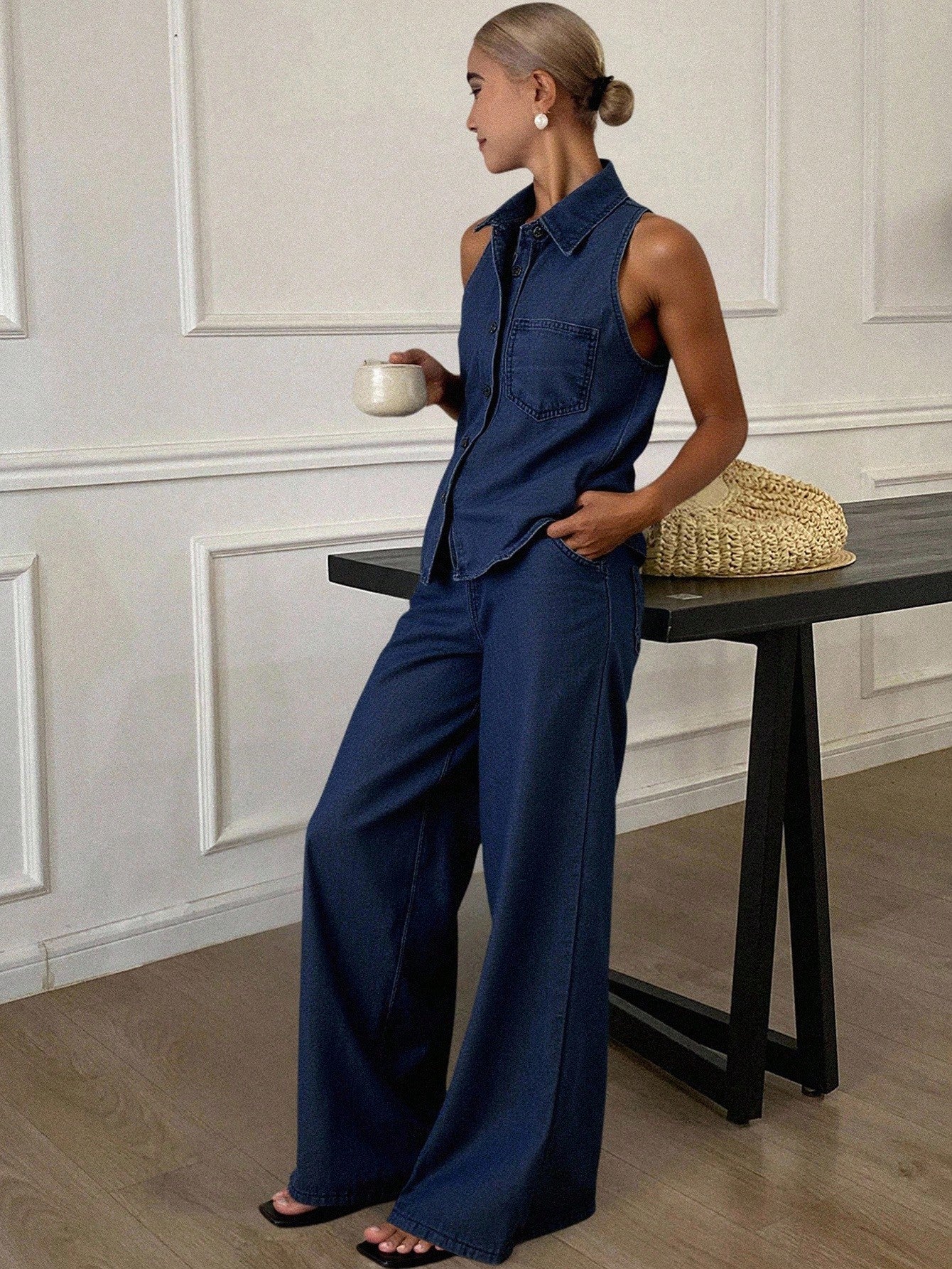 CM-SS697197 Women Casual Seoul Style Lapel Neckline Sleeveless Belted Fitted Vest Top With Wide Leg Pants - Set