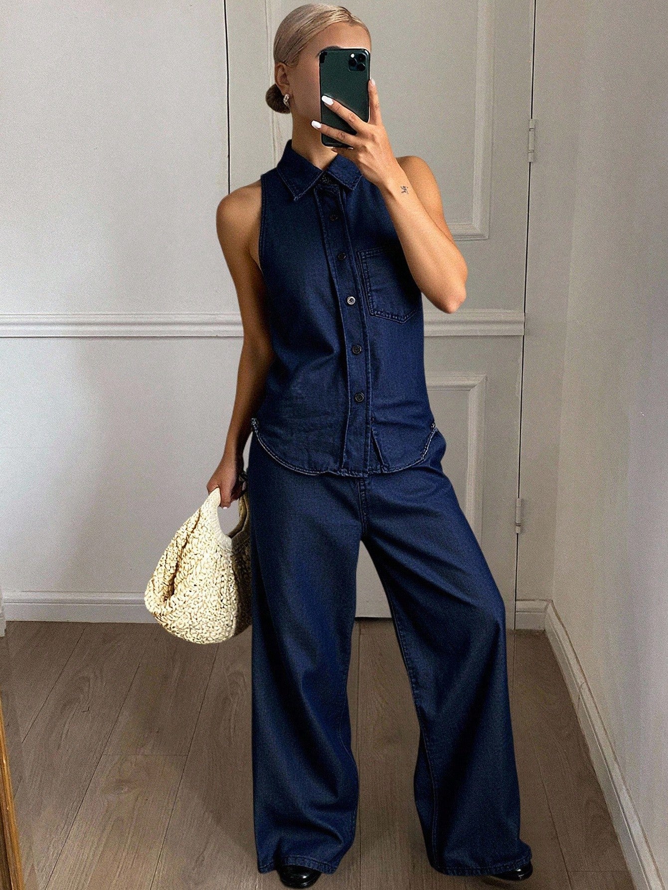 CM-SS697197 Women Casual Seoul Style Lapel Neckline Sleeveless Belted Fitted Vest Top With Wide Leg Pants - Set
