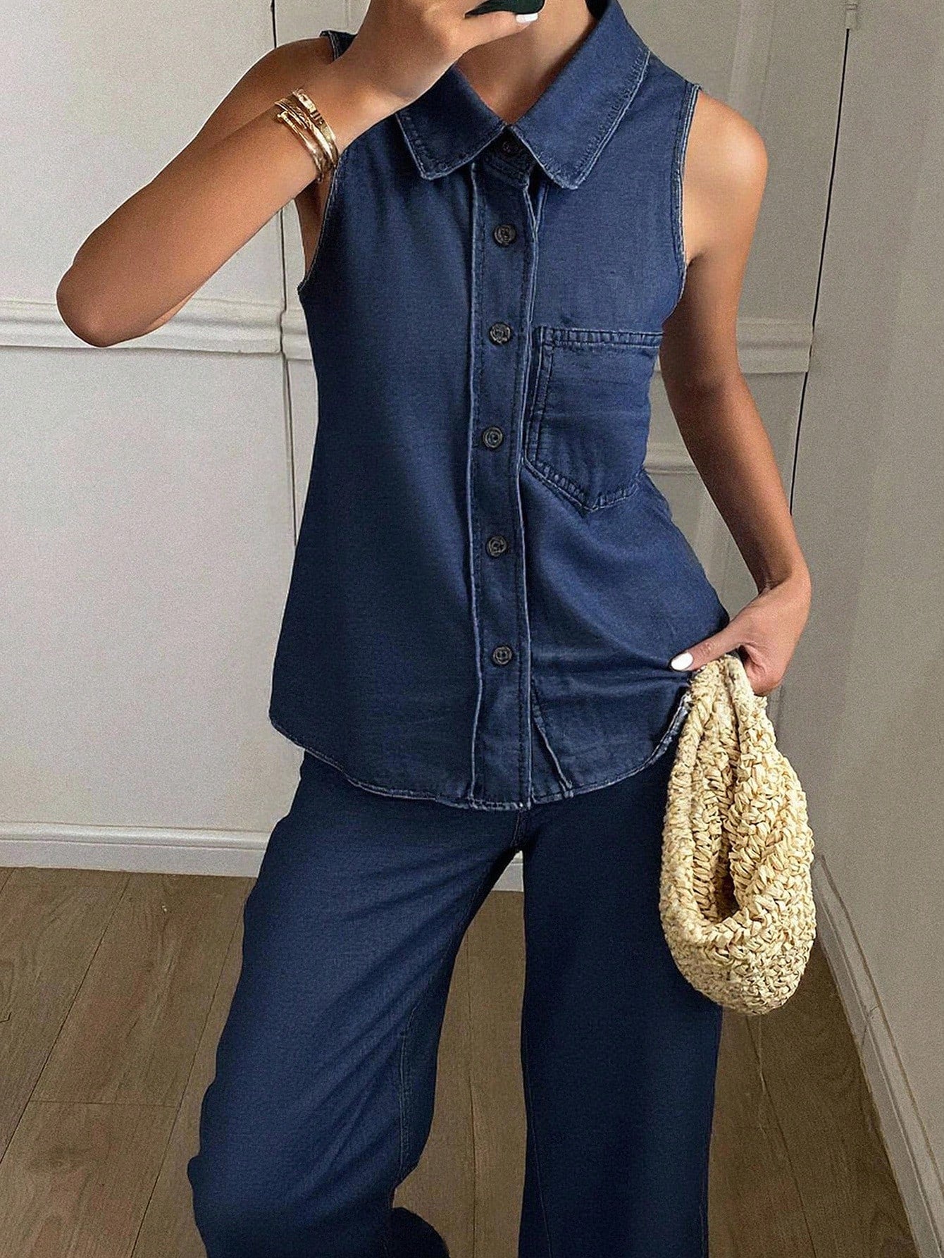 CM-SS697197 Women Casual Seoul Style Lapel Neckline Sleeveless Belted Fitted Vest Top With Wide Leg Pants - Set