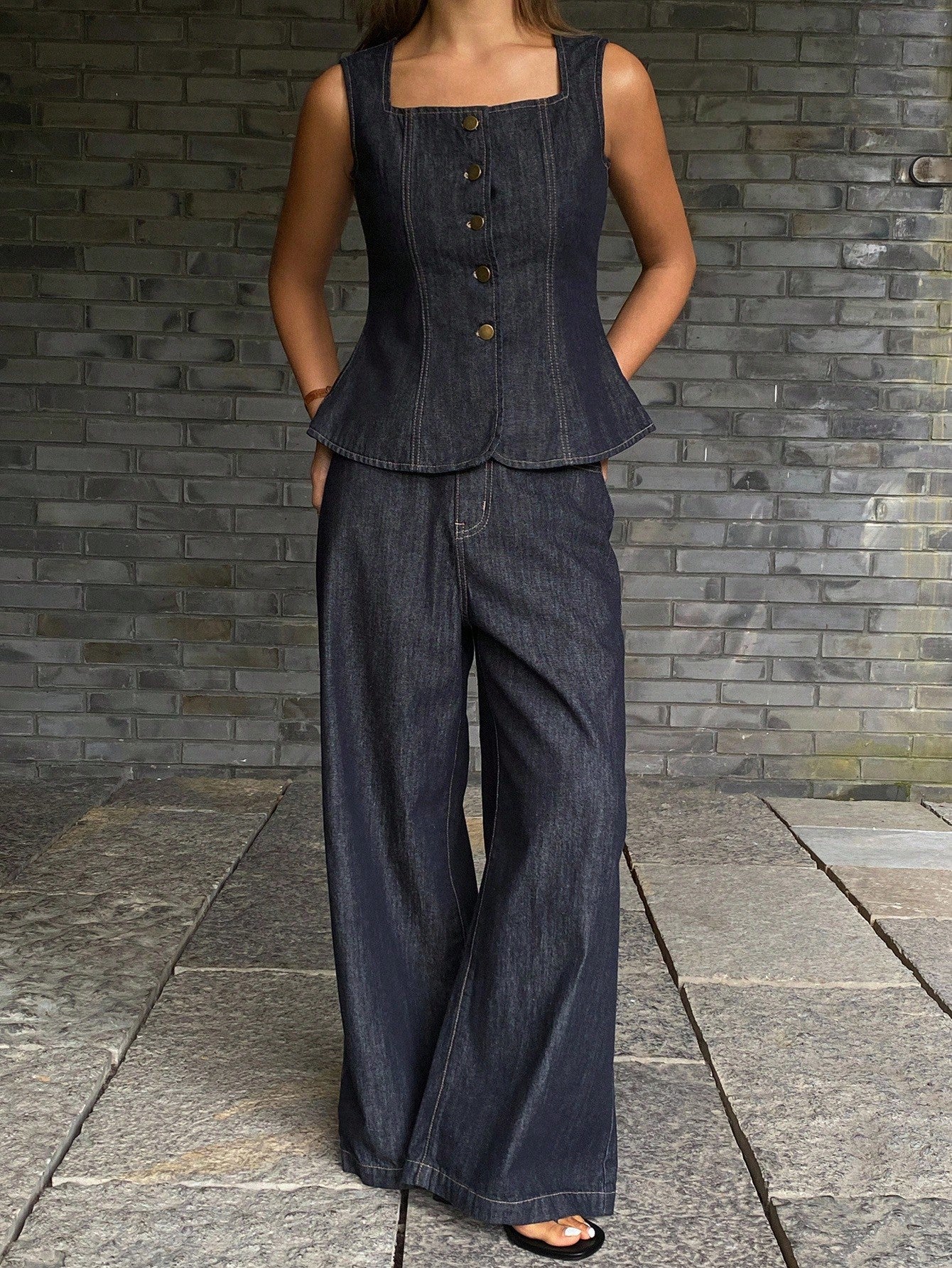 CM-SS437201 Women Casual Seoul Style Collared Halter Sleeveless Denim Top With Straight Leg Denim Pants - Set
