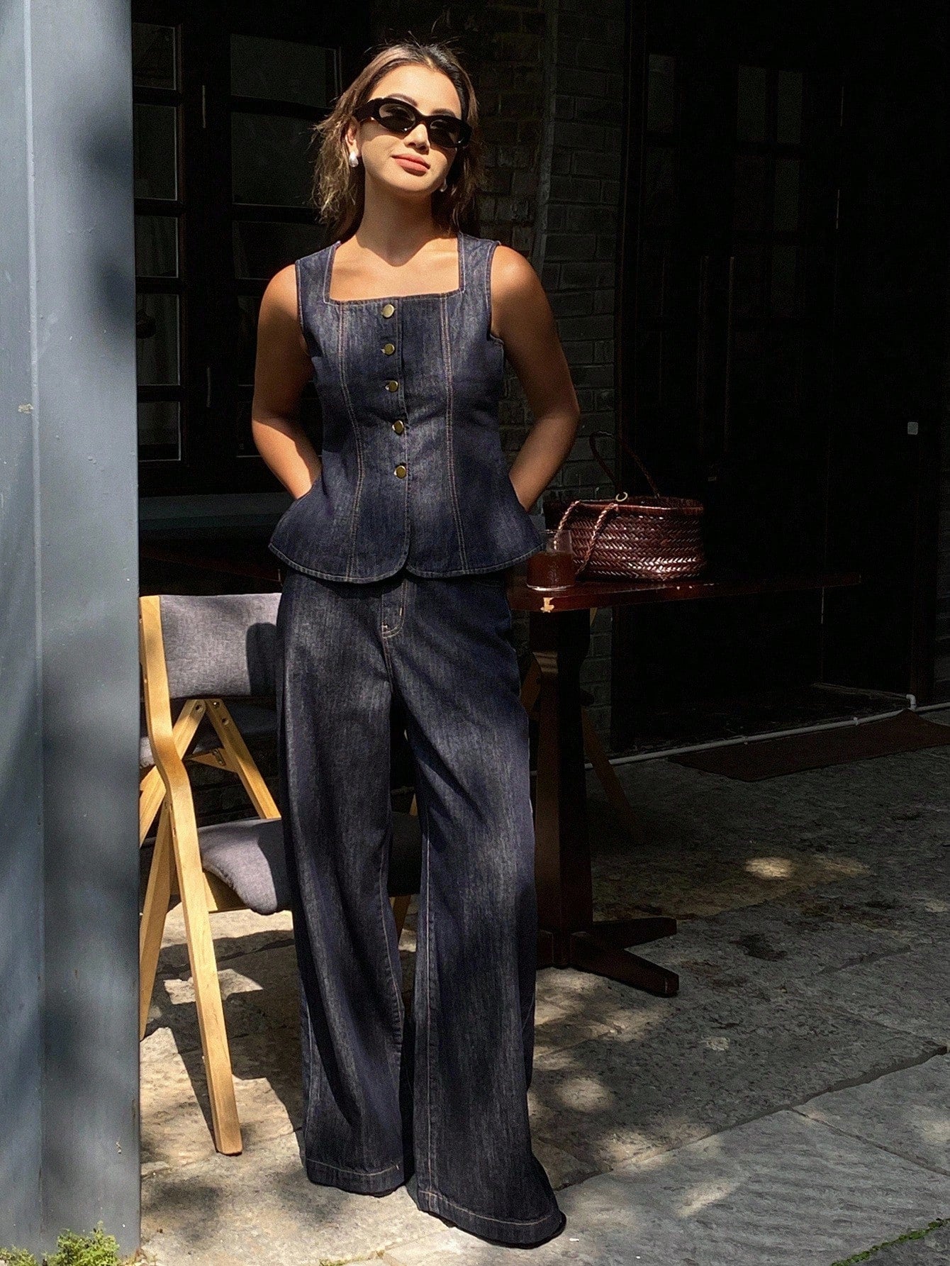 CM-SS437201 Women Casual Seoul Style Collared Halter Sleeveless Denim Top With Straight Leg Denim Pants - Set
