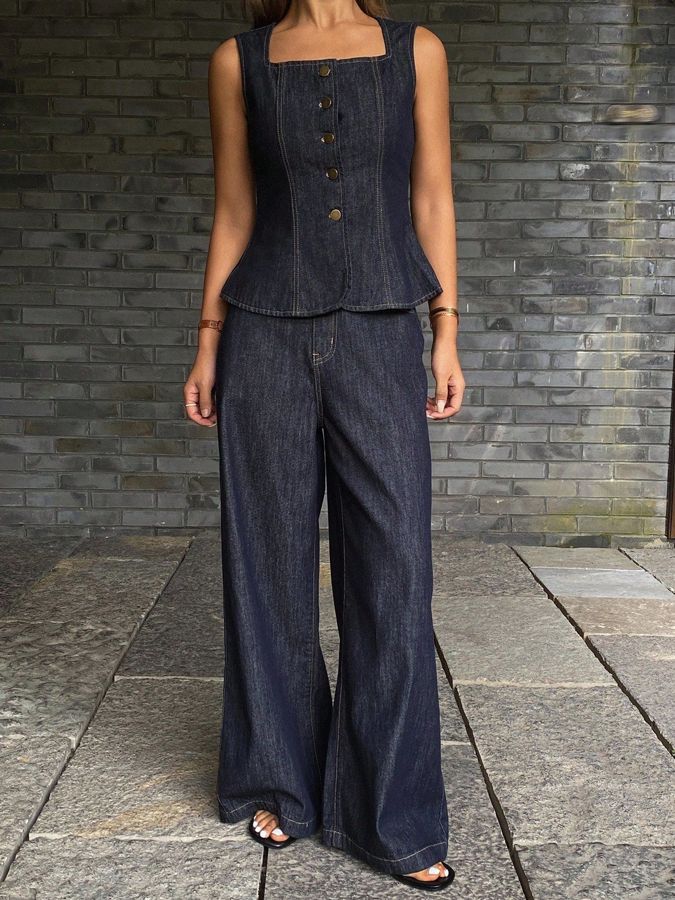 CM-SS437201 Women Casual Seoul Style Collared Halter Sleeveless Denim Top With Straight Leg Denim Pants - Set