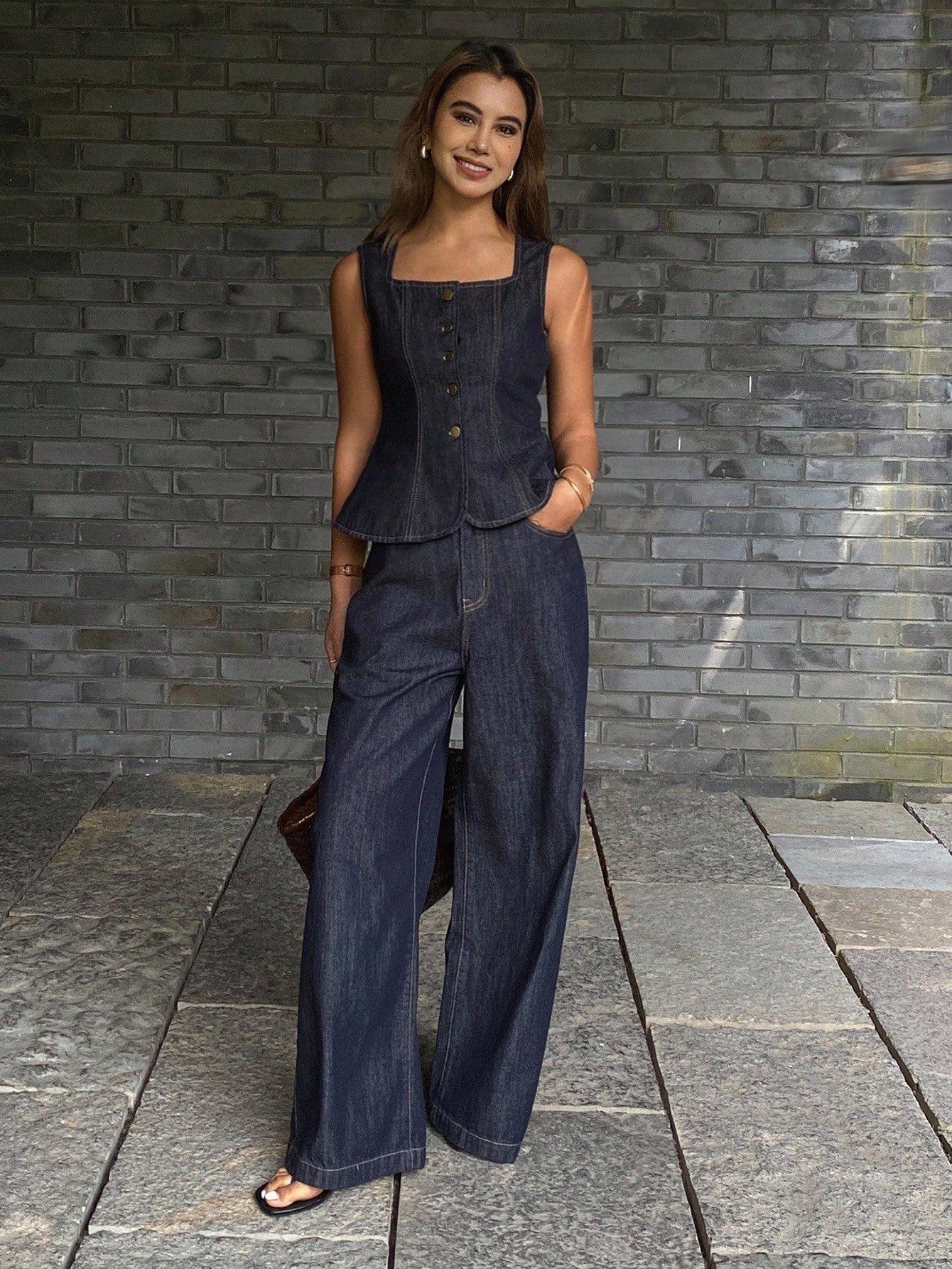 CM-SS437201 Women Casual Seoul Style Collared Halter Sleeveless Denim Top With Straight Leg Denim Pants - Set