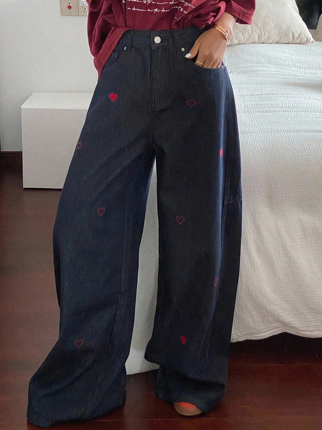 CM-BS452442 Women Casual Seoul Style Mid Waist Heart Embroidery Loose Pocket Wide Leg Jeans - Blue