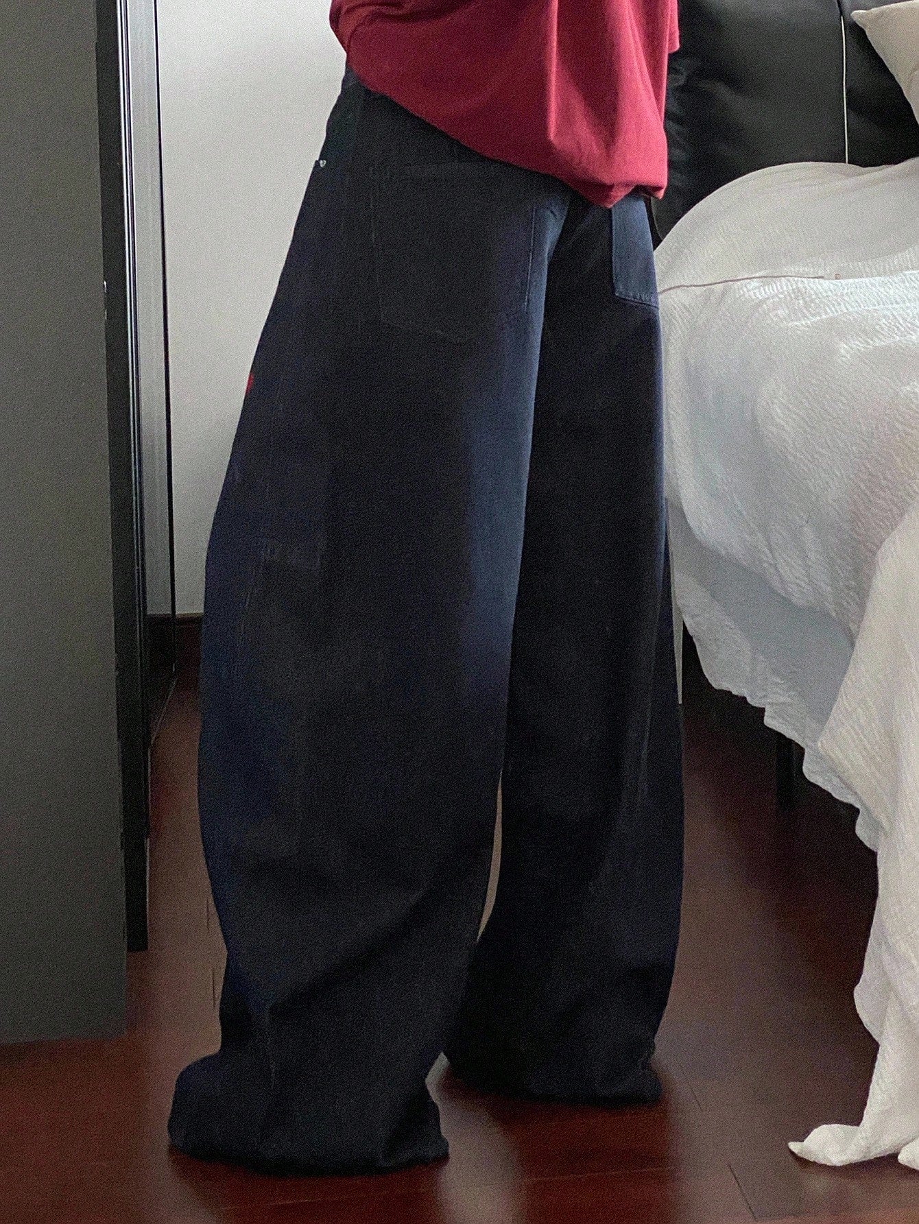 CM-BS452442 Women Casual Seoul Style Mid Waist Heart Embroidery Loose Pocket Wide Leg Jeans - Blue