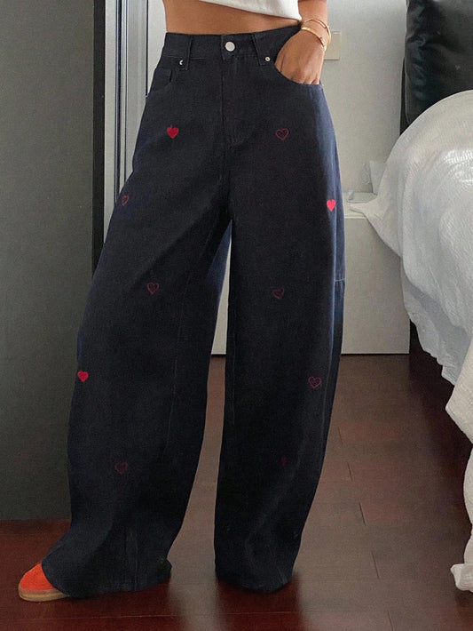 CM-BS452442 Women Casual Seoul Style Mid Waist Heart Embroidery Loose Pocket Wide Leg Jeans - Blue