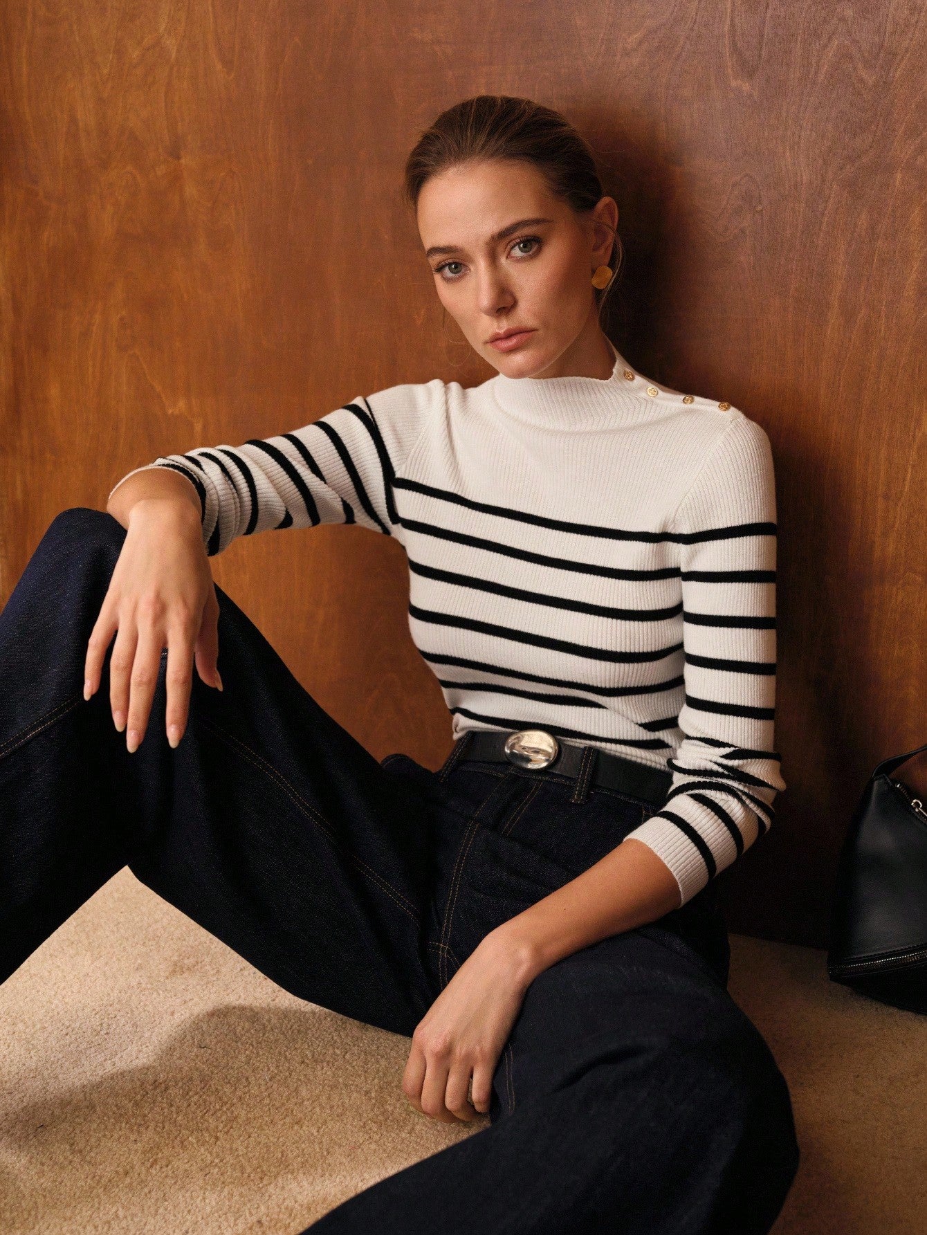 CM-CS286731 Women Elegant Seoul Style Striped Stand Collar Long Sleeve Knit Pullover Sweater