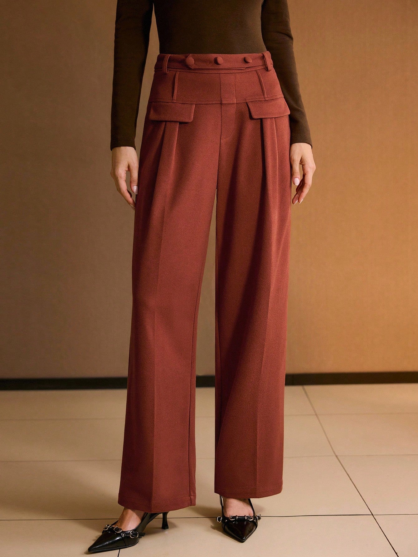 CM-BS529023 Women Elegant Seoul Style Mid Waist Button Front Straight Leg Trousers - Clay Red