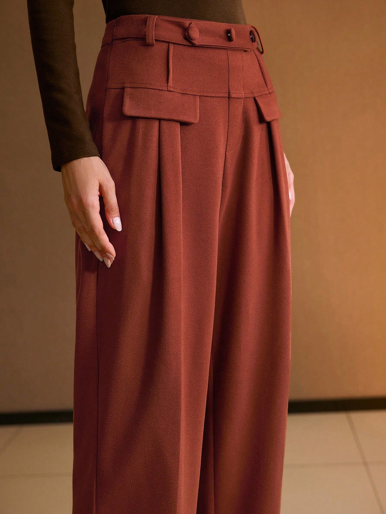 CM-BS529023 Women Elegant Seoul Style Mid Waist Button Front Straight Leg Trousers - Clay Red