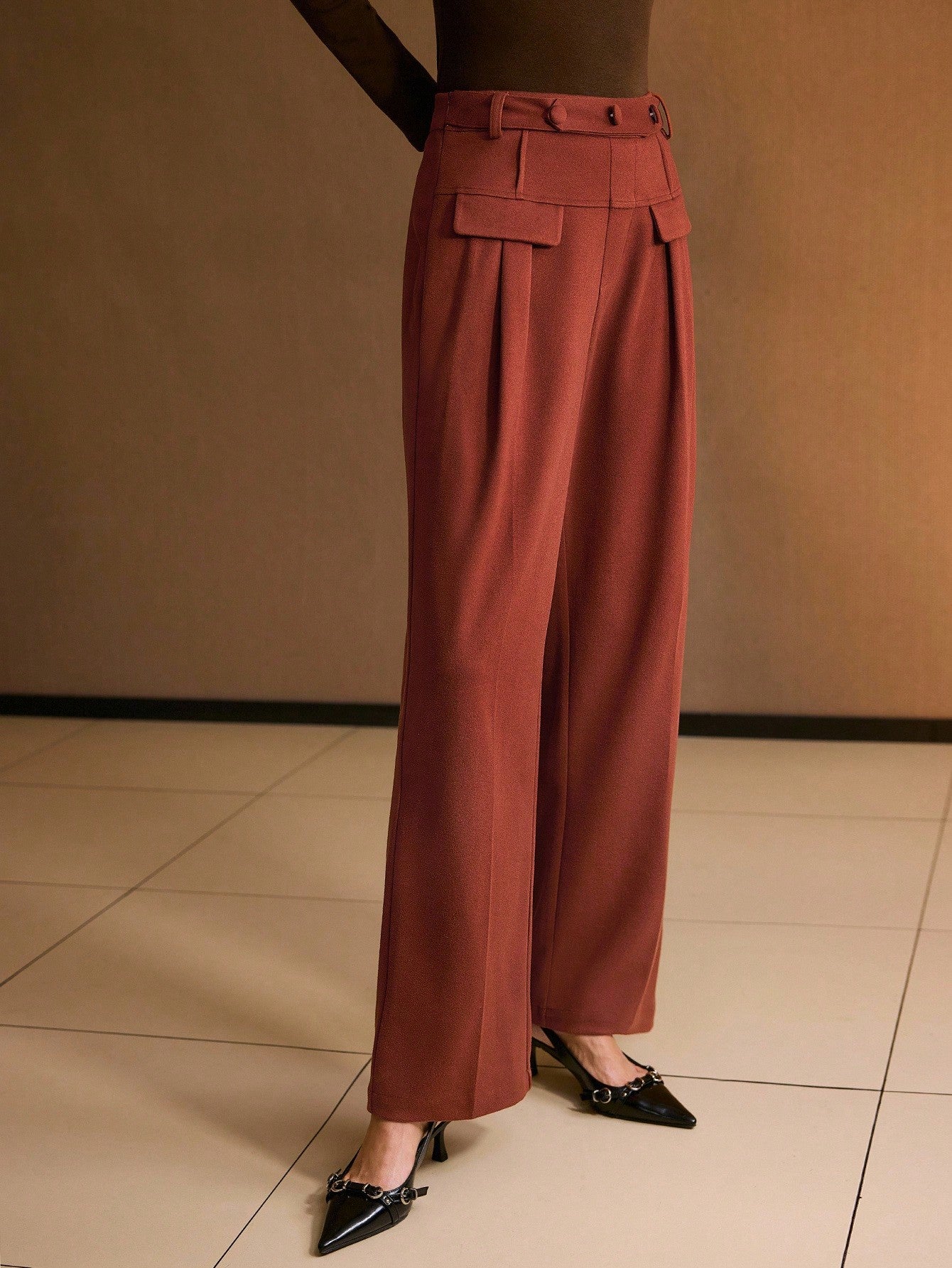 CM-BS529023 Women Elegant Seoul Style Mid Waist Button Front Straight Leg Trousers - Clay Red