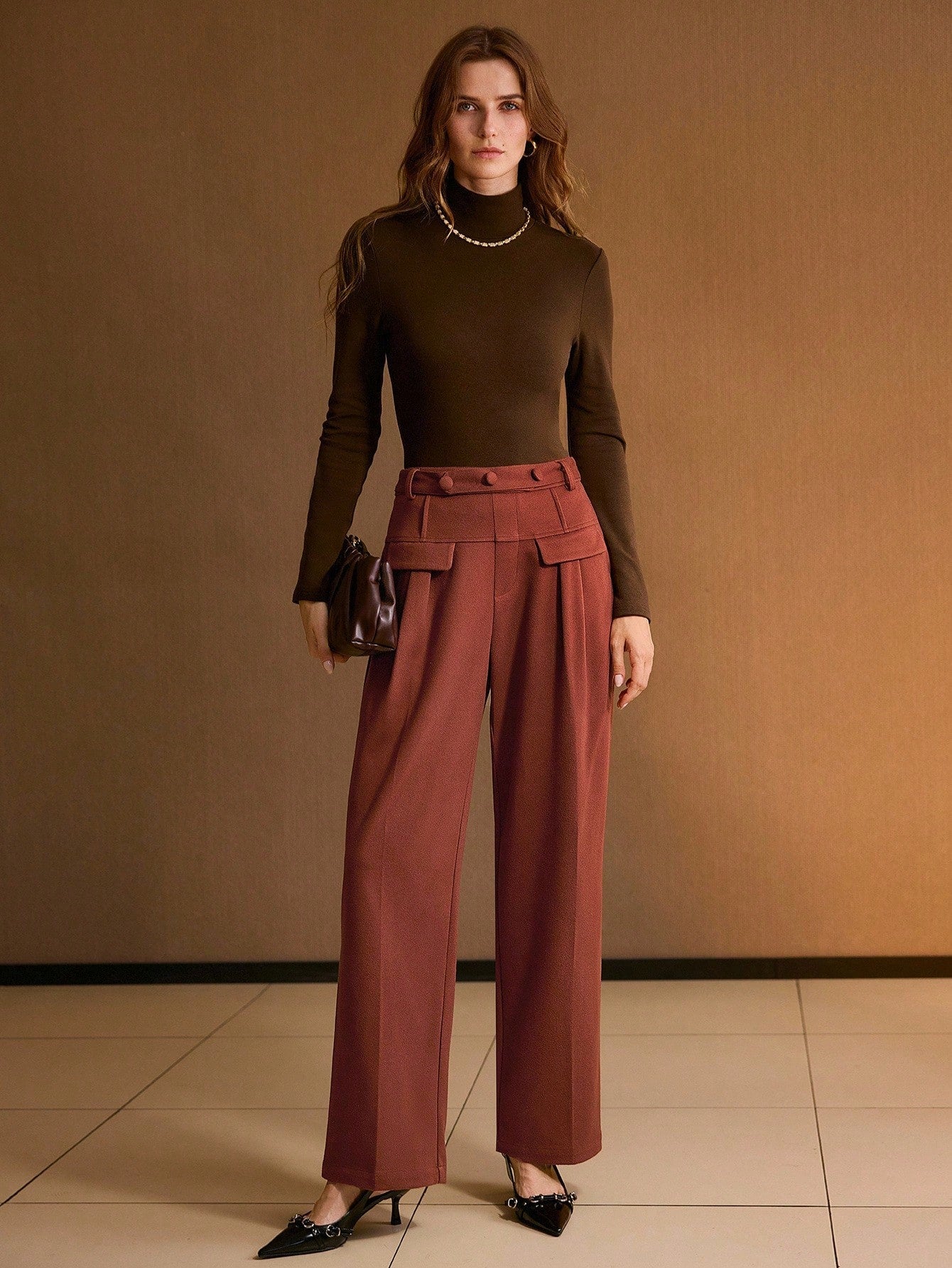 CM-BS529023 Women Elegant Seoul Style Mid Waist Button Front Straight Leg Trousers - Clay Red