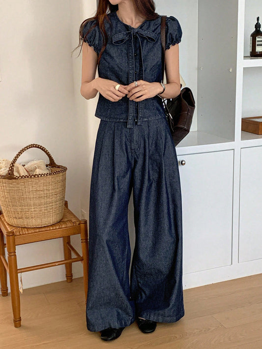 CM-SS828998 Women Elegant Seoul Style Round Neck Tie Front Short Sleeve Denim Shirt With Straight Leg Jeans - Set