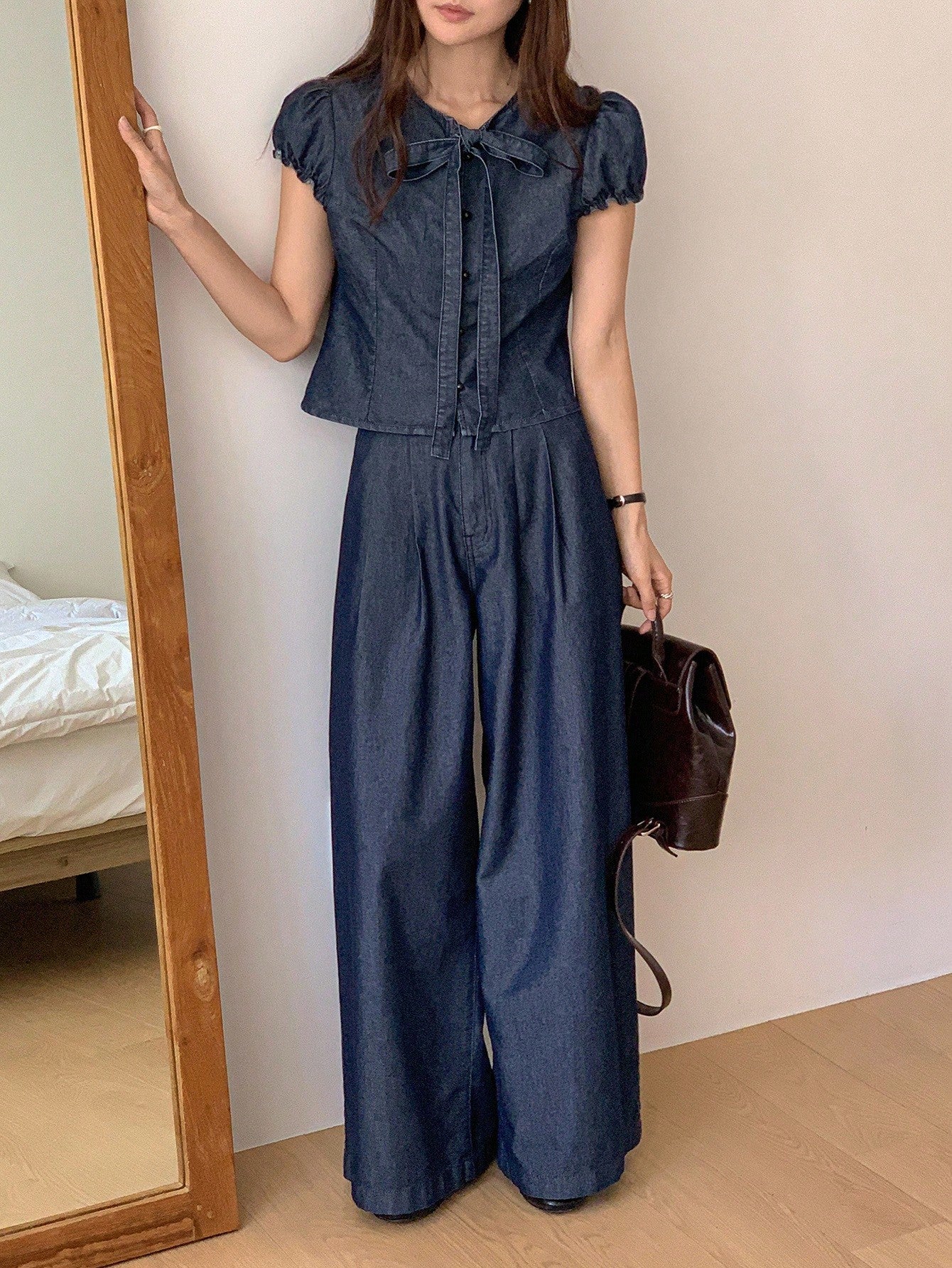 CM-SS828998 Women Elegant Seoul Style Round Neck Tie Front Short Sleeve Denim Shirt With Straight Leg Jeans - Set