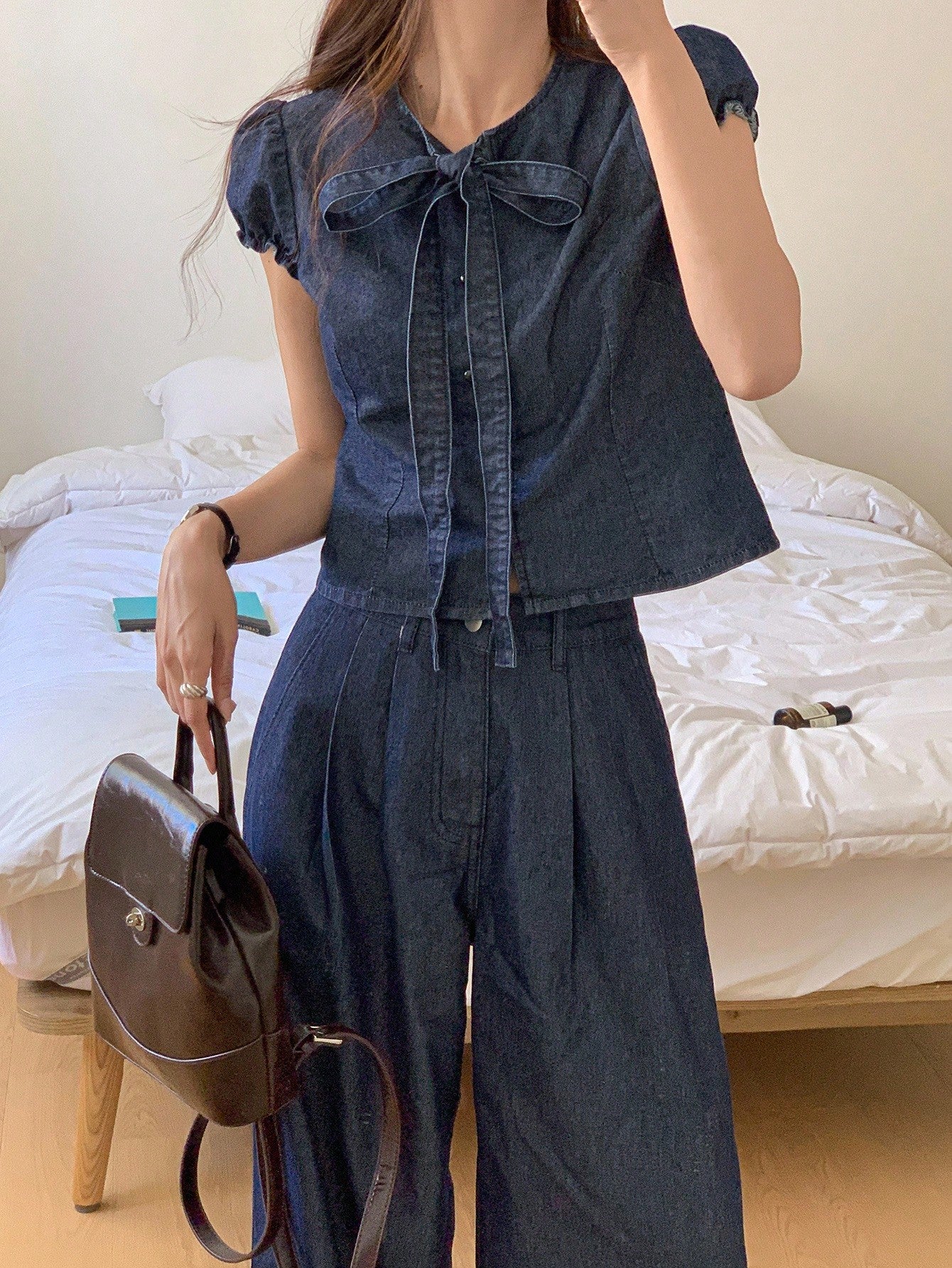 CM-SS828998 Women Elegant Seoul Style Round Neck Tie Front Short Sleeve Denim Shirt With Straight Leg Jeans - Set