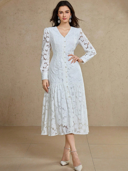 CM-DS790424 Women Elegant Seoul Style V-Neck Puff Sleeve Button Design Ruffle Hem Lace Mid-Length Dress - Beige