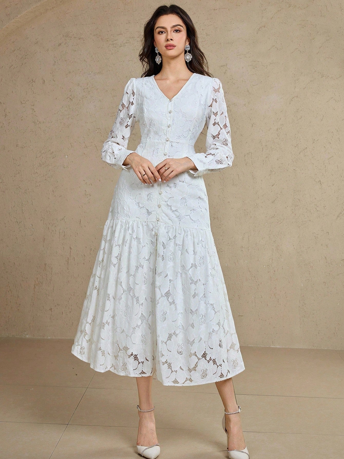 CM-DS790424 Women Elegant Seoul Style V-Neck Puff Sleeve Button Design Ruffle Hem Lace Mid-Length Dress - Beige