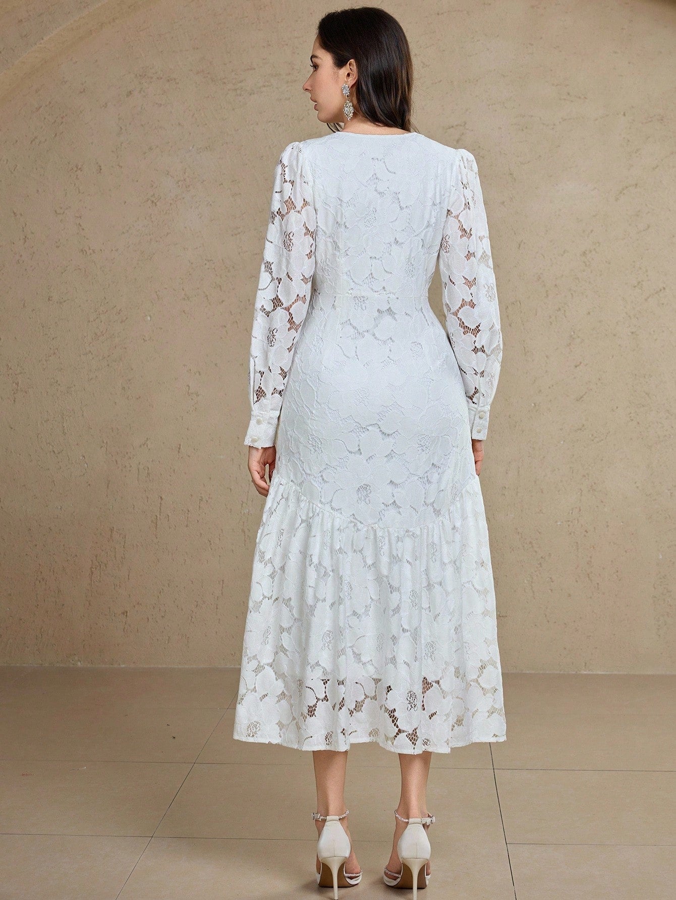 CM-DS790424 Women Elegant Seoul Style V-Neck Puff Sleeve Button Design Ruffle Hem Lace Mid-Length Dress - Beige