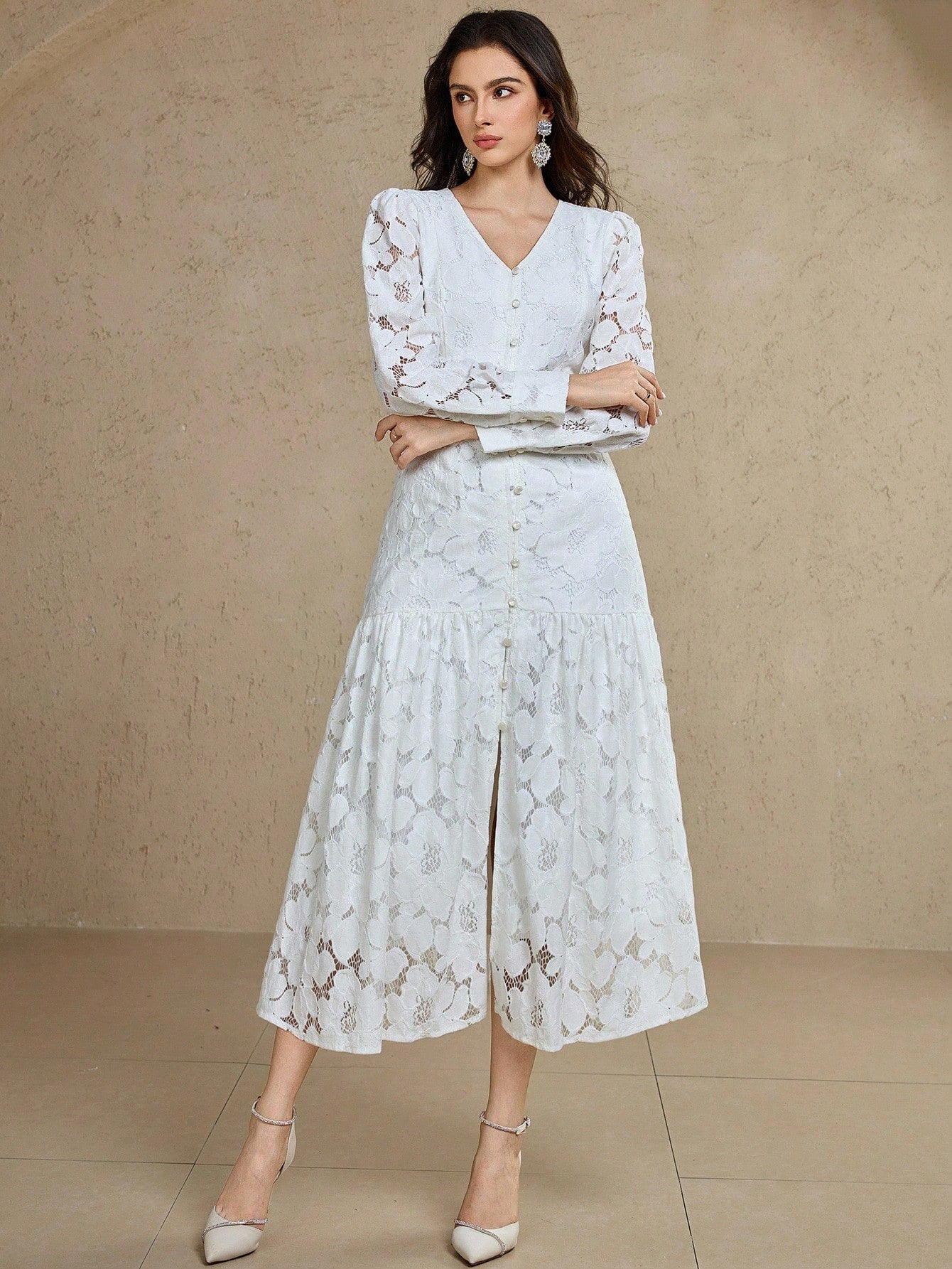 CM-DS790424 Women Elegant Seoul Style V-Neck Puff Sleeve Button Design Ruffle Hem Lace Mid-Length Dress - Beige