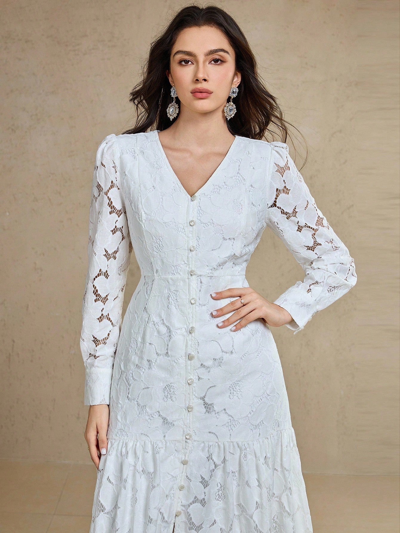 CM-DS790424 Women Elegant Seoul Style V-Neck Puff Sleeve Button Design Ruffle Hem Lace Mid-Length Dress - Beige