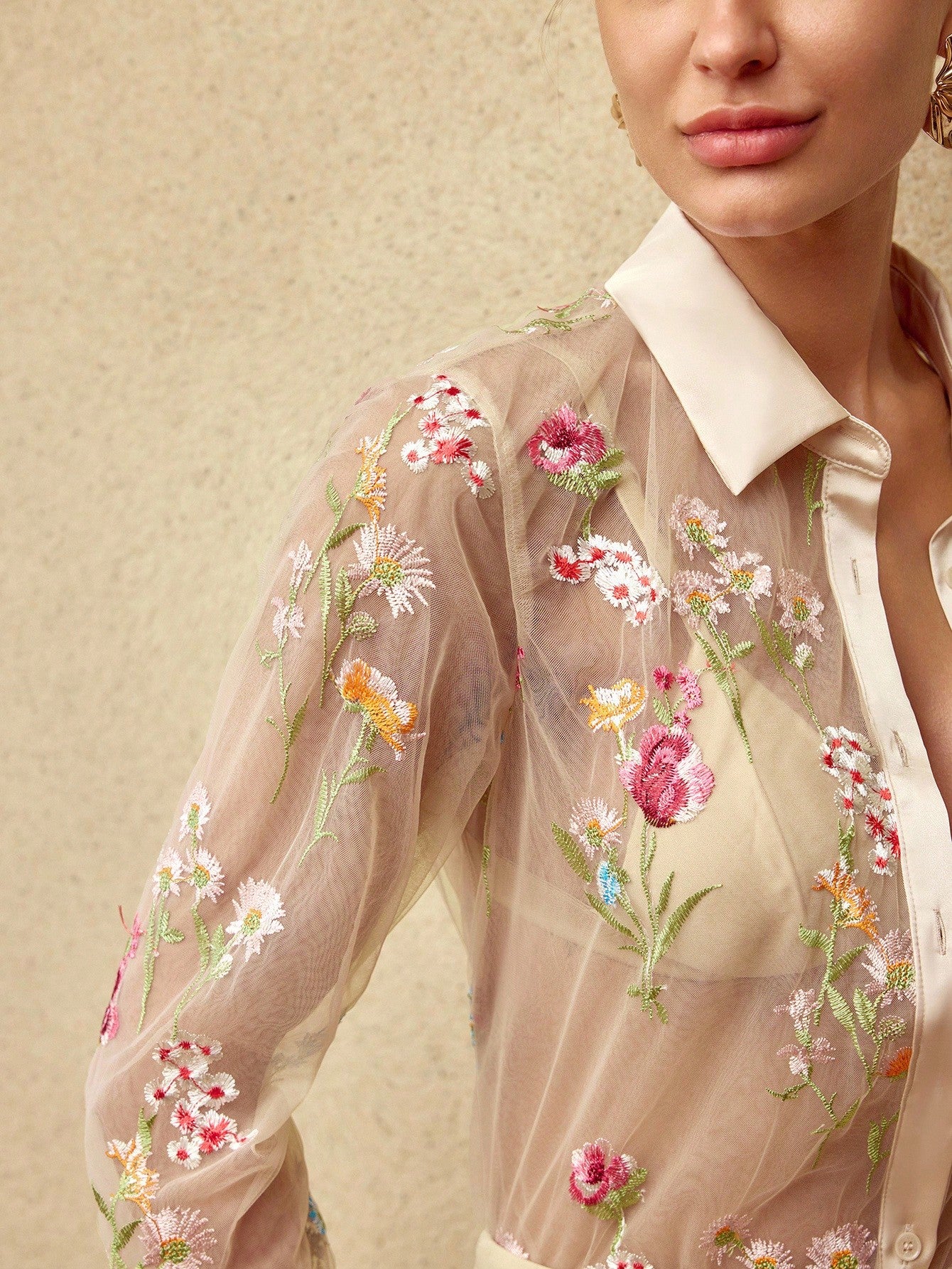 CM-TS744494 Women Elegant Seoul Style Collar Neckline Long Sleeve Embroidery Mesh Floral Pattern Sheer Blouse - Apricot