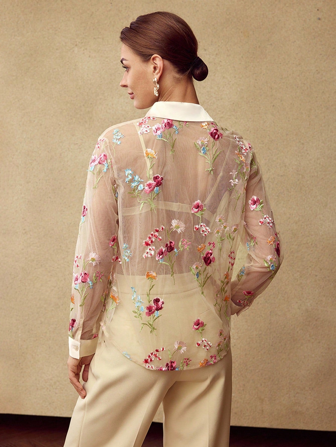 CM-TS744494 Women Elegant Seoul Style Collar Neckline Long Sleeve Embroidery Mesh Floral Pattern Sheer Blouse - Apricot