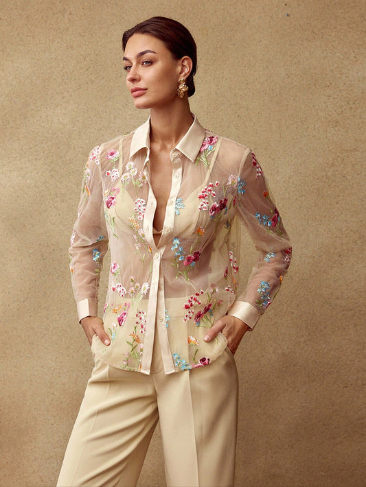 CM-TS744494 Women Elegant Seoul Style Collar Neckline Long Sleeve Embroidery Mesh Floral Pattern Sheer Blouse - Apricot