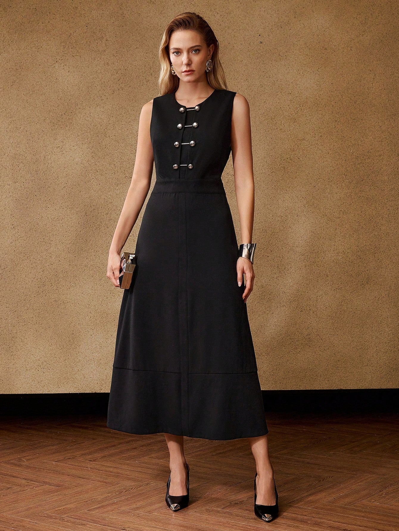 CM-DS461866 Women Elegant Seoul Style Round Neck Sleeveless Metal Button Decorated Midi Dress - Black