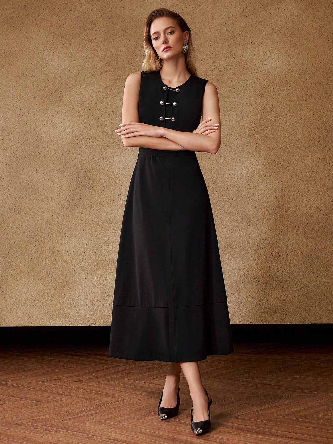 CM-DS461866 Women Elegant Seoul Style Round Neck Sleeveless Metal Button Decorated Midi Dress - Black