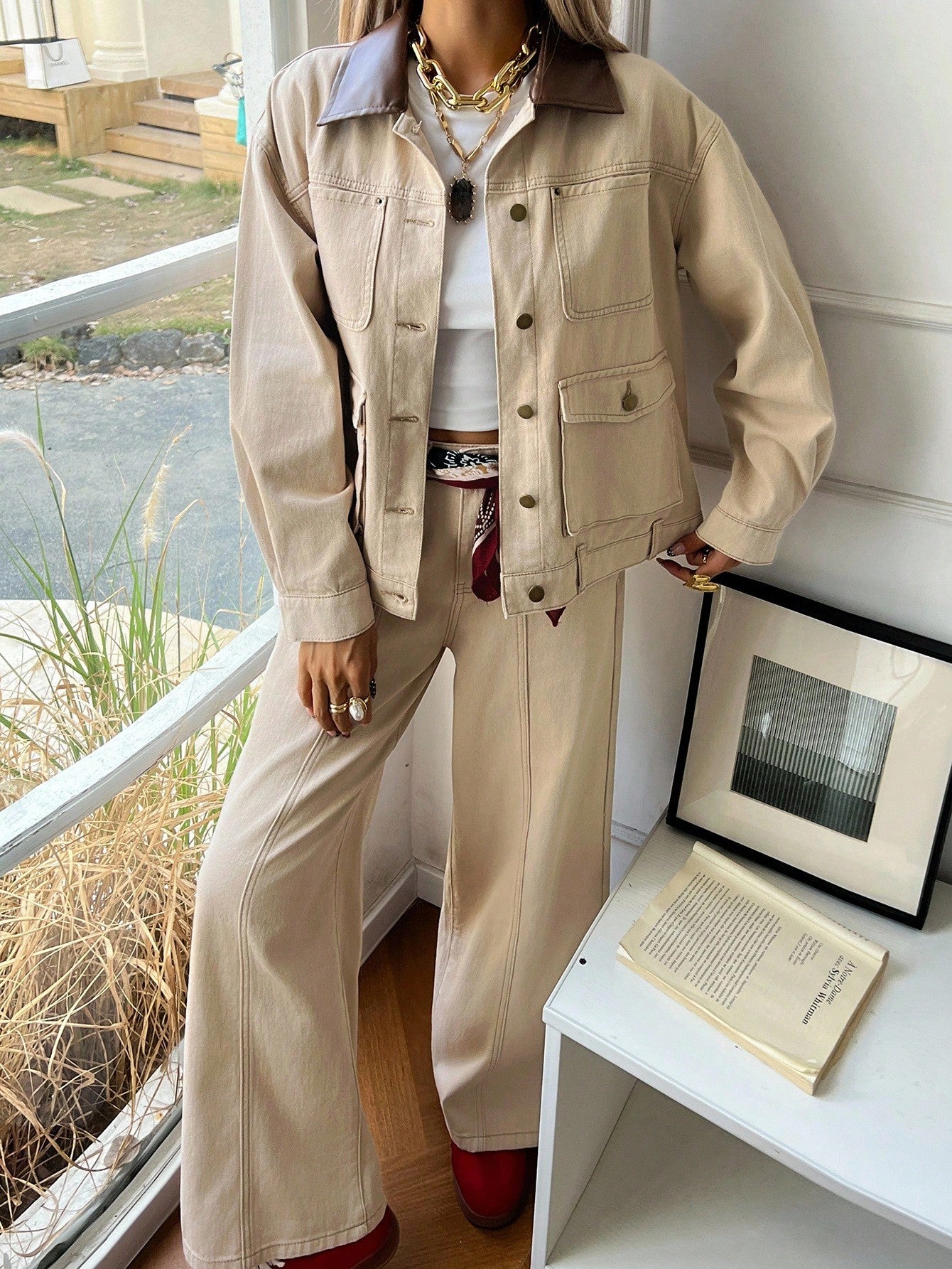 CM-SS802707 Women Casual Seoul Style Contrast Color Collar Decorated Denim Jacket With Straight Leg Pants - Set