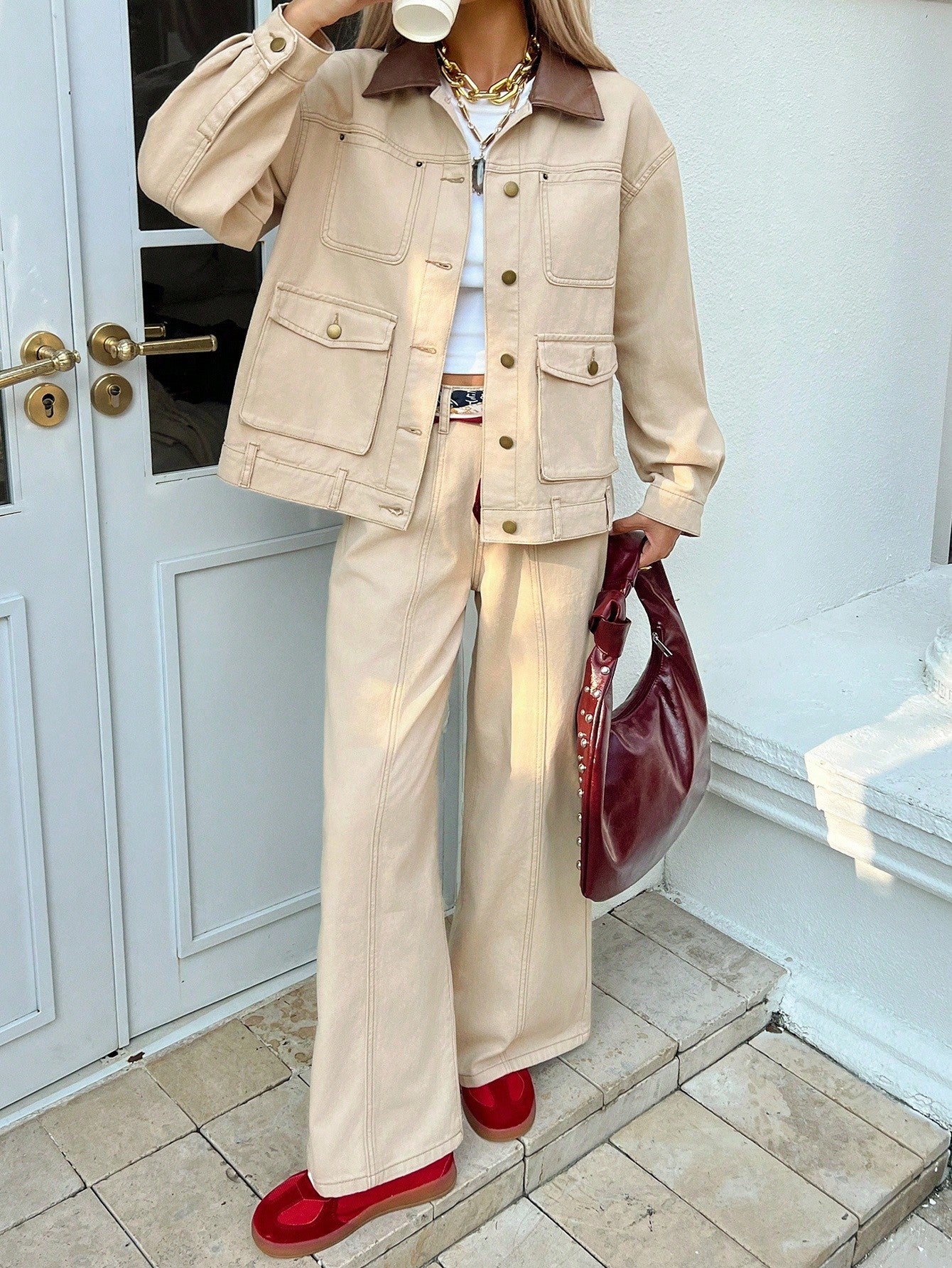 CM-SS802707 Women Casual Seoul Style Contrast Color Collar Decorated Denim Jacket With Straight Leg Pants - Set