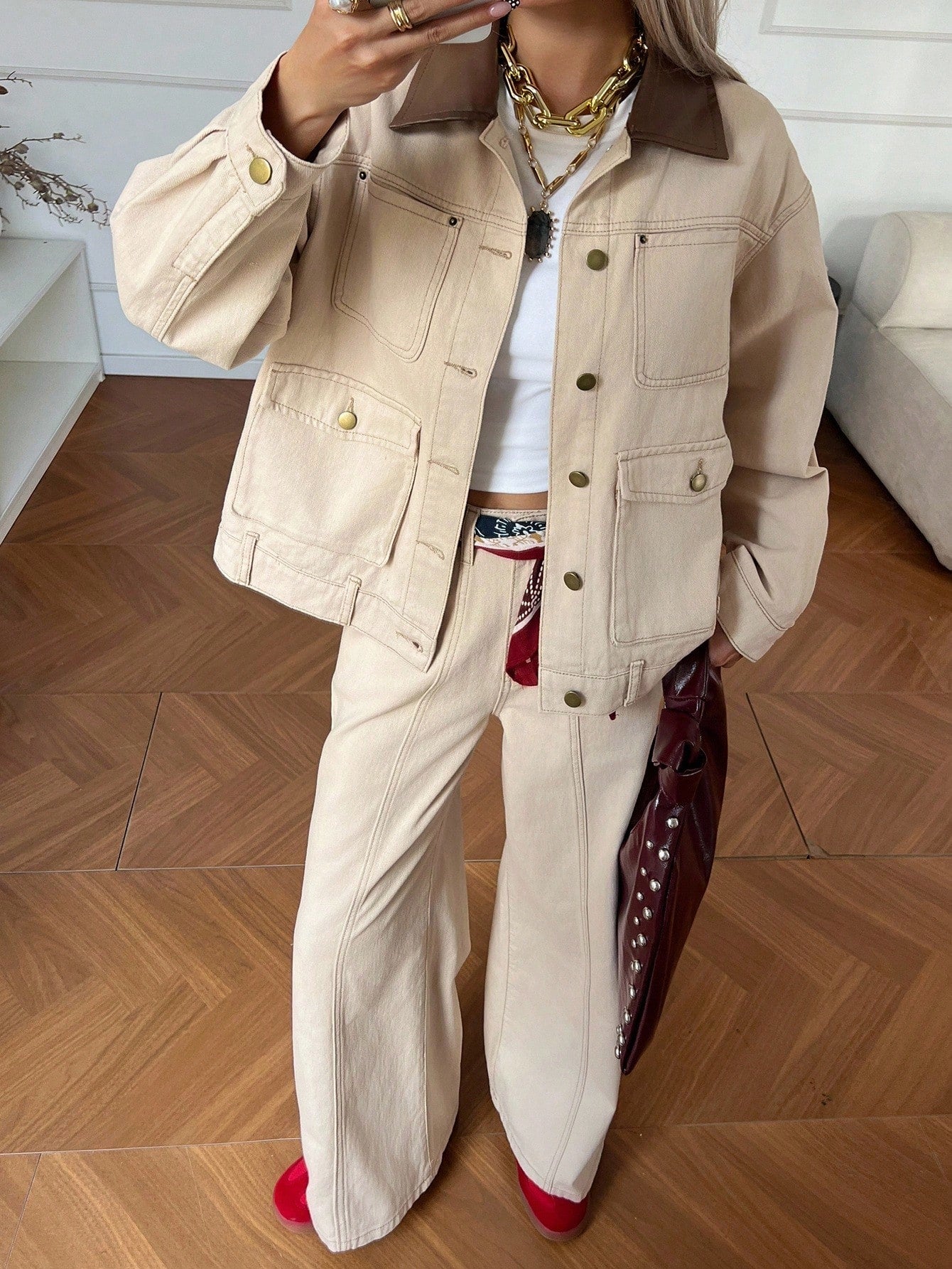 CM-SS802707 Women Casual Seoul Style Contrast Color Collar Decorated Denim Jacket With Straight Leg Pants - Set