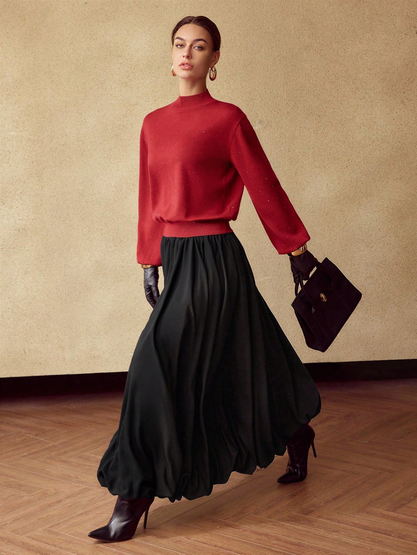 CM-BS742043 Women Elegant Seoul Style Mid Waist Wool-Blend Rayon Flared Maxi Skirt - Black