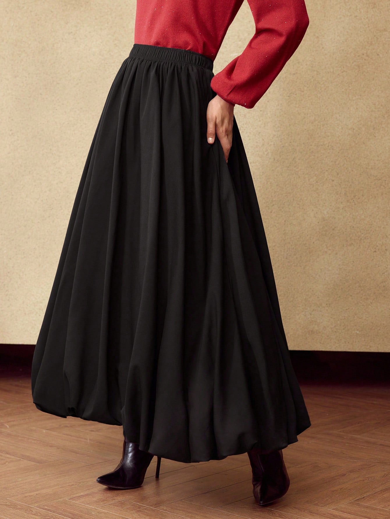 CM-BS742043 Women Elegant Seoul Style Mid Waist Wool-Blend Rayon Flared Maxi Skirt - Black