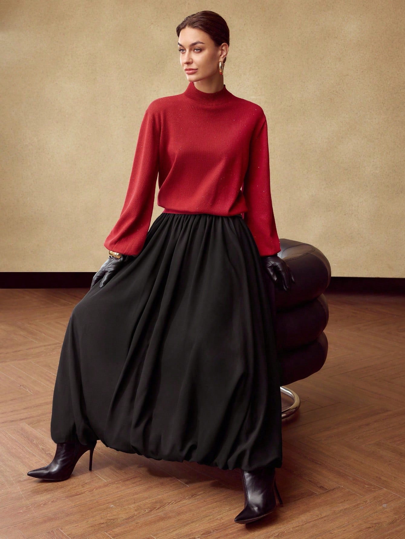 CM-BS742043 Women Elegant Seoul Style Mid Waist Wool-Blend Rayon Flared Maxi Skirt - Black