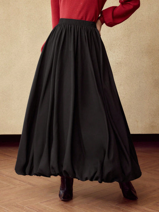 CM-BS742043 Women Elegant Seoul Style Mid Waist Wool-Blend Rayon Flared Maxi Skirt - Black