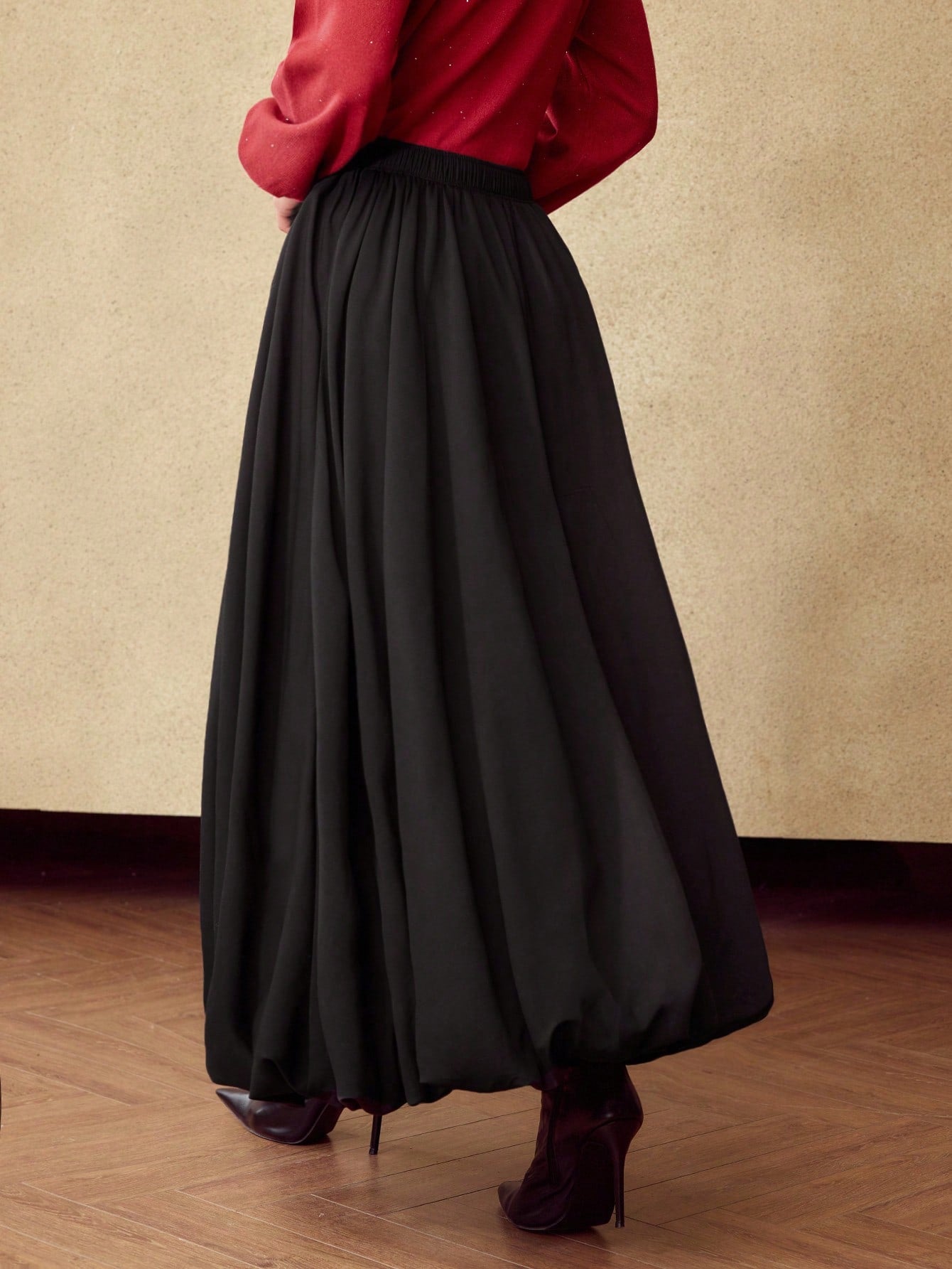 CM-BS742043 Women Elegant Seoul Style Mid Waist Wool-Blend Rayon Flared Maxi Skirt - Black