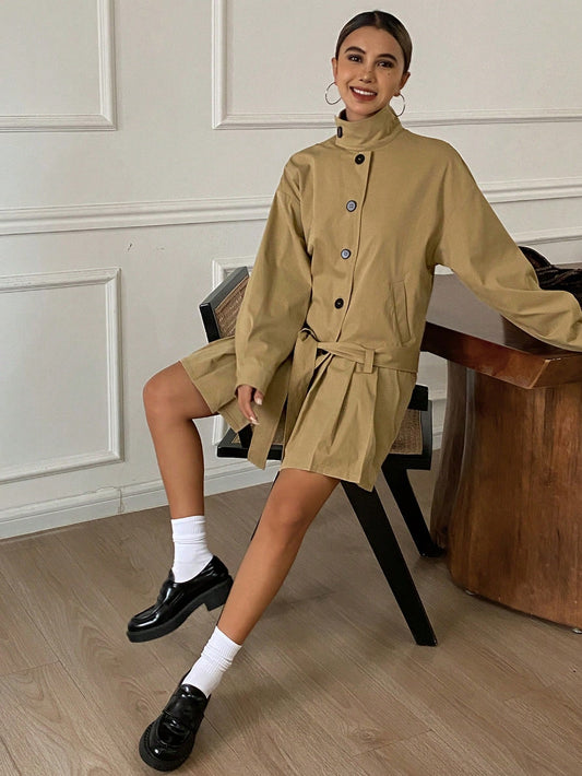 CM-CS813828 Women Casual Seoul Style Stand Collar Long Sleeve Loose Pleated Hem Belted Jacket - Khaki