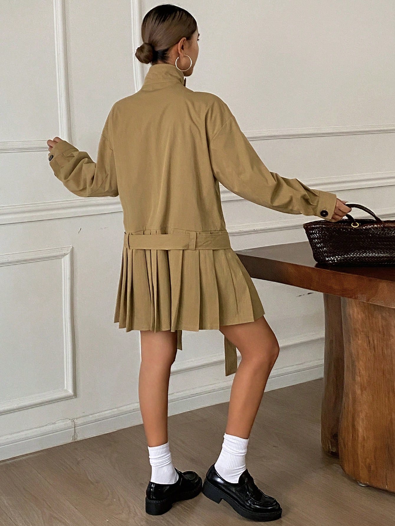 CM-CS813828 Women Casual Seoul Style Stand Collar Long Sleeve Loose Pleated Hem Belted Jacket - Khaki