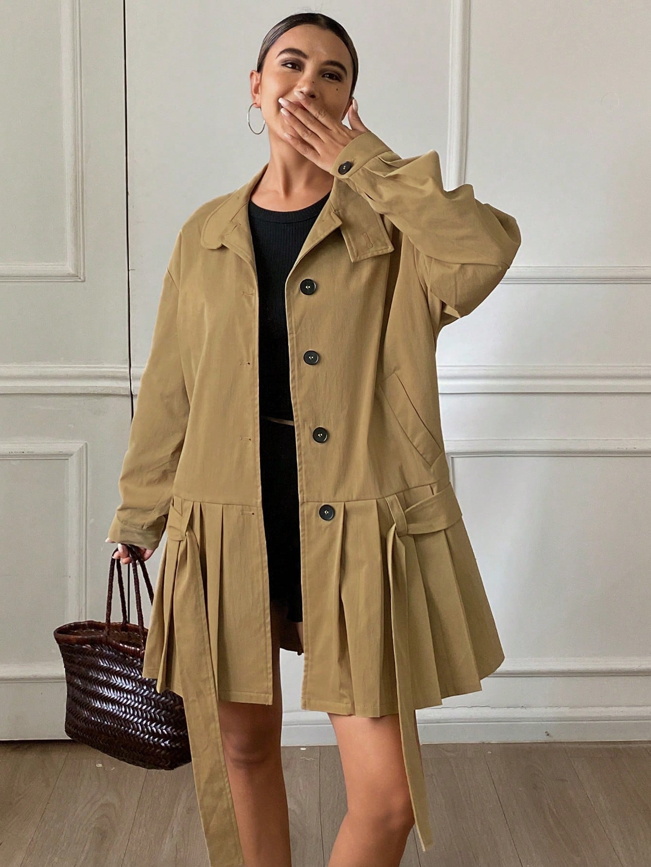 CM-CS813828 Women Casual Seoul Style Stand Collar Long Sleeve Loose Pleated Hem Belted Jacket - Khaki