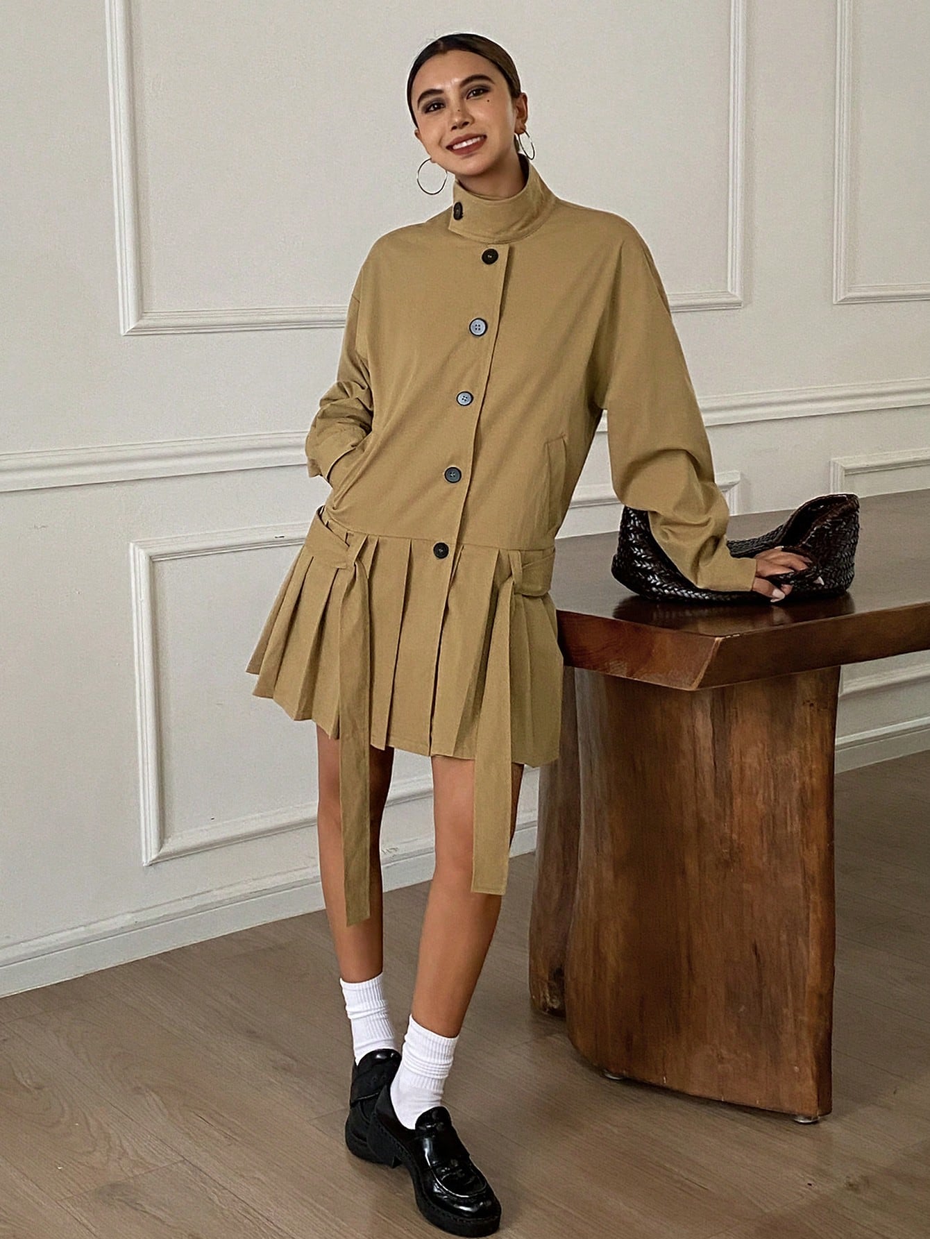 CM-CS813828 Women Casual Seoul Style Stand Collar Long Sleeve Loose Pleated Hem Belted Jacket - Khaki