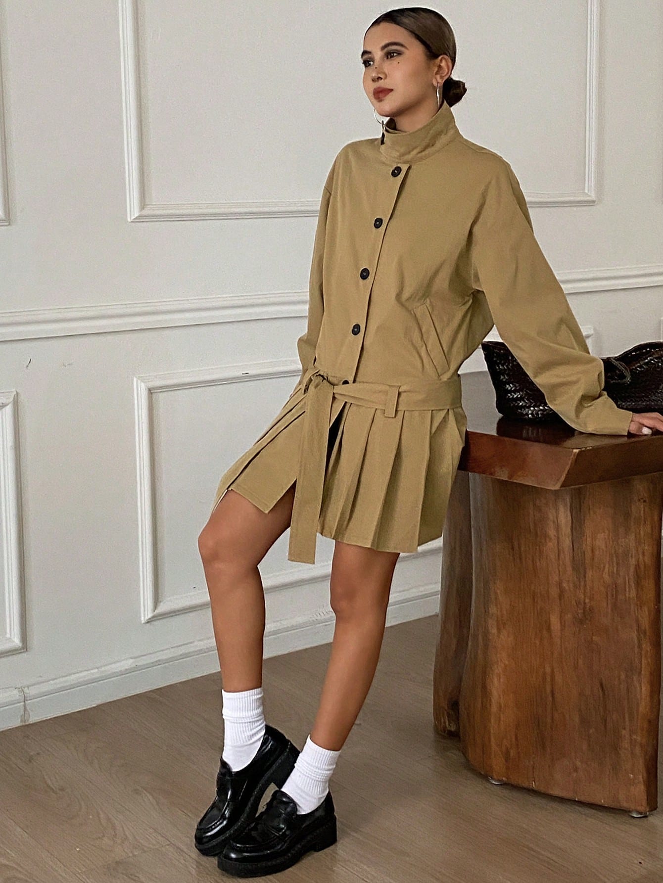 CM-CS813828 Women Casual Seoul Style Stand Collar Long Sleeve Loose Pleated Hem Belted Jacket - Khaki