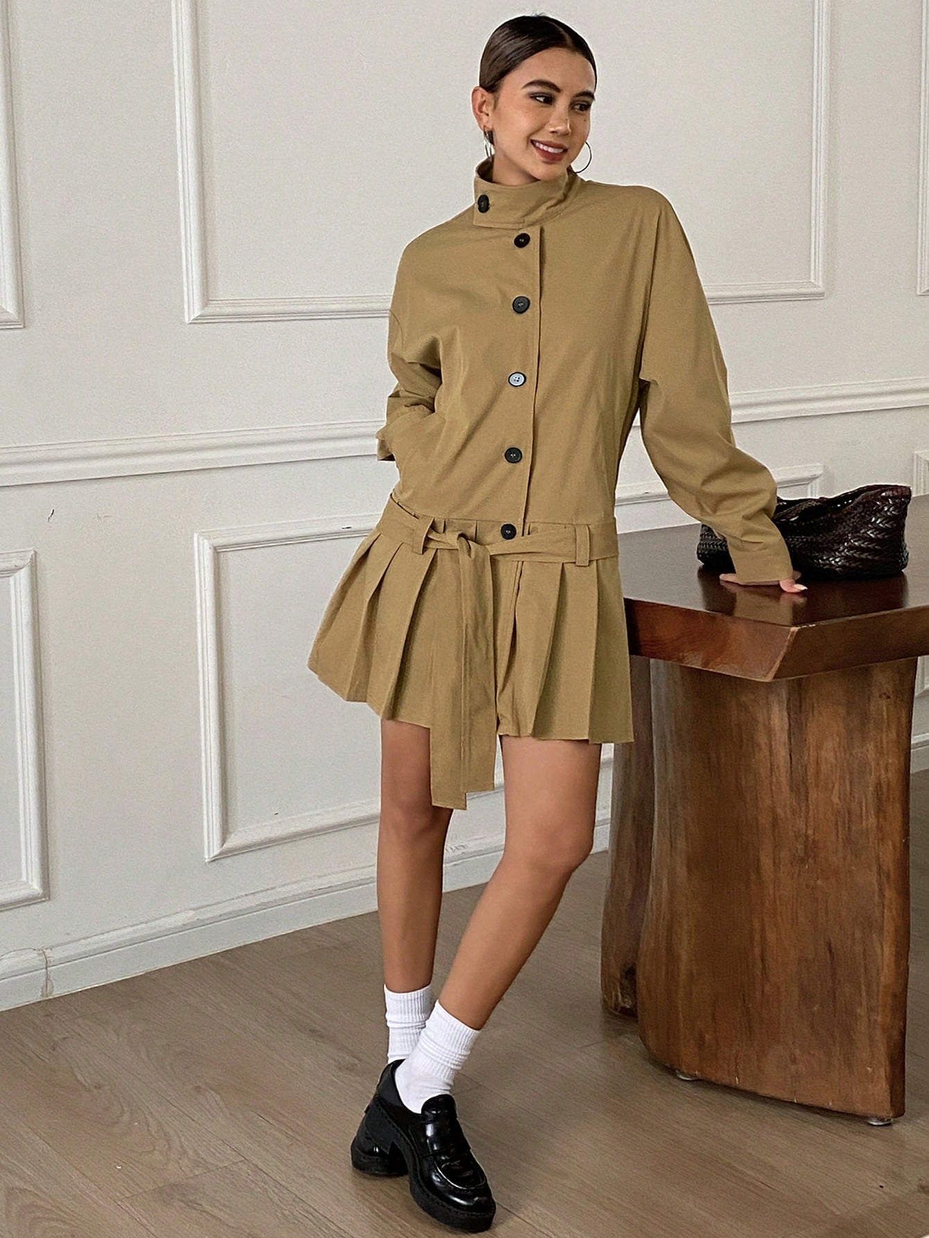 CM-CS813828 Women Casual Seoul Style Stand Collar Long Sleeve Loose Pleated Hem Belted Jacket - Khaki