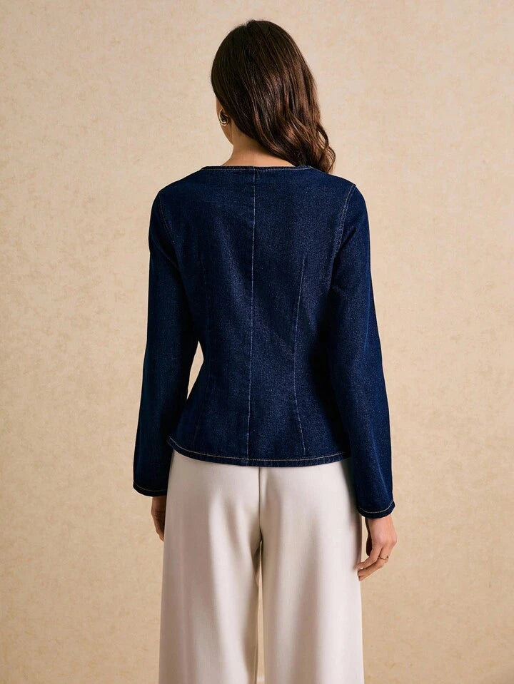 CM-TS629341 Women Elegant Seoul Style Dark Wash Square Neck Long Sleeve Single-Breasted Denim Top