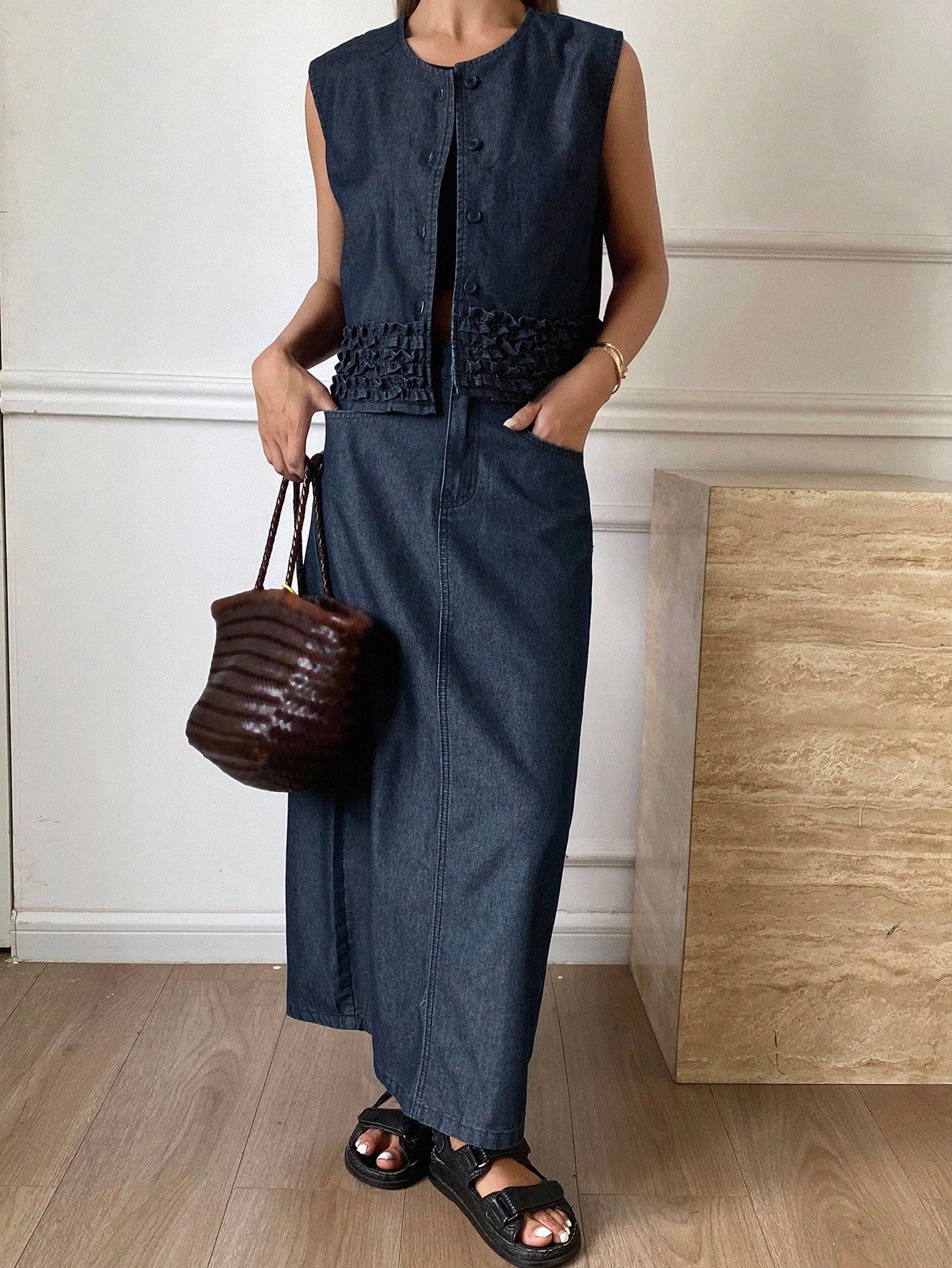 CM-SS761969 Women Casual Seoul Style Round Neck Ruffle Trim Sleeveless Denim Cardigan With Straight Long Skirt - Set