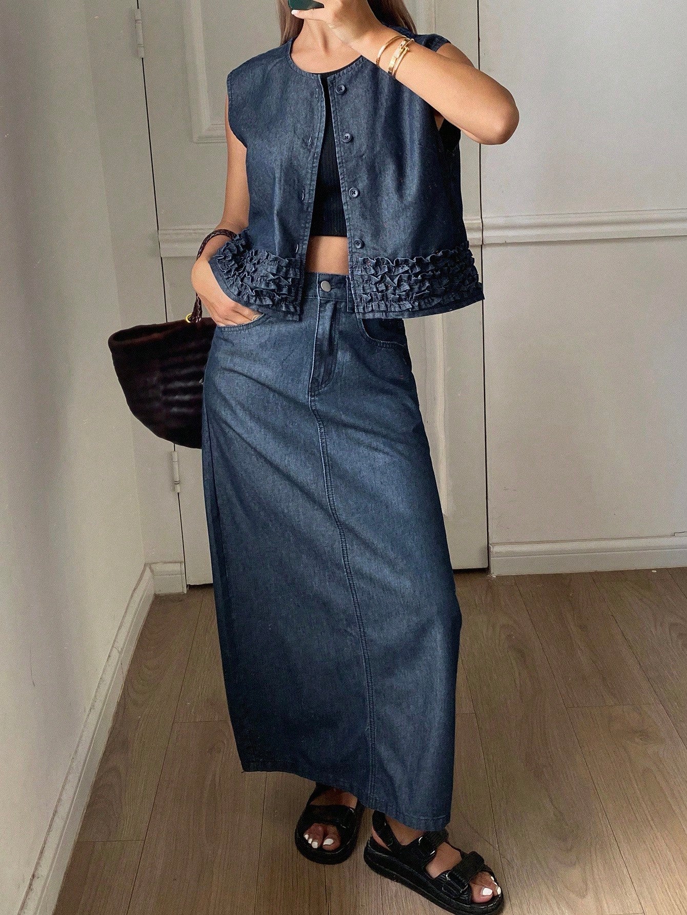 CM-SS761969 Women Casual Seoul Style Round Neck Ruffle Trim Sleeveless Denim Cardigan With Straight Long Skirt - Set