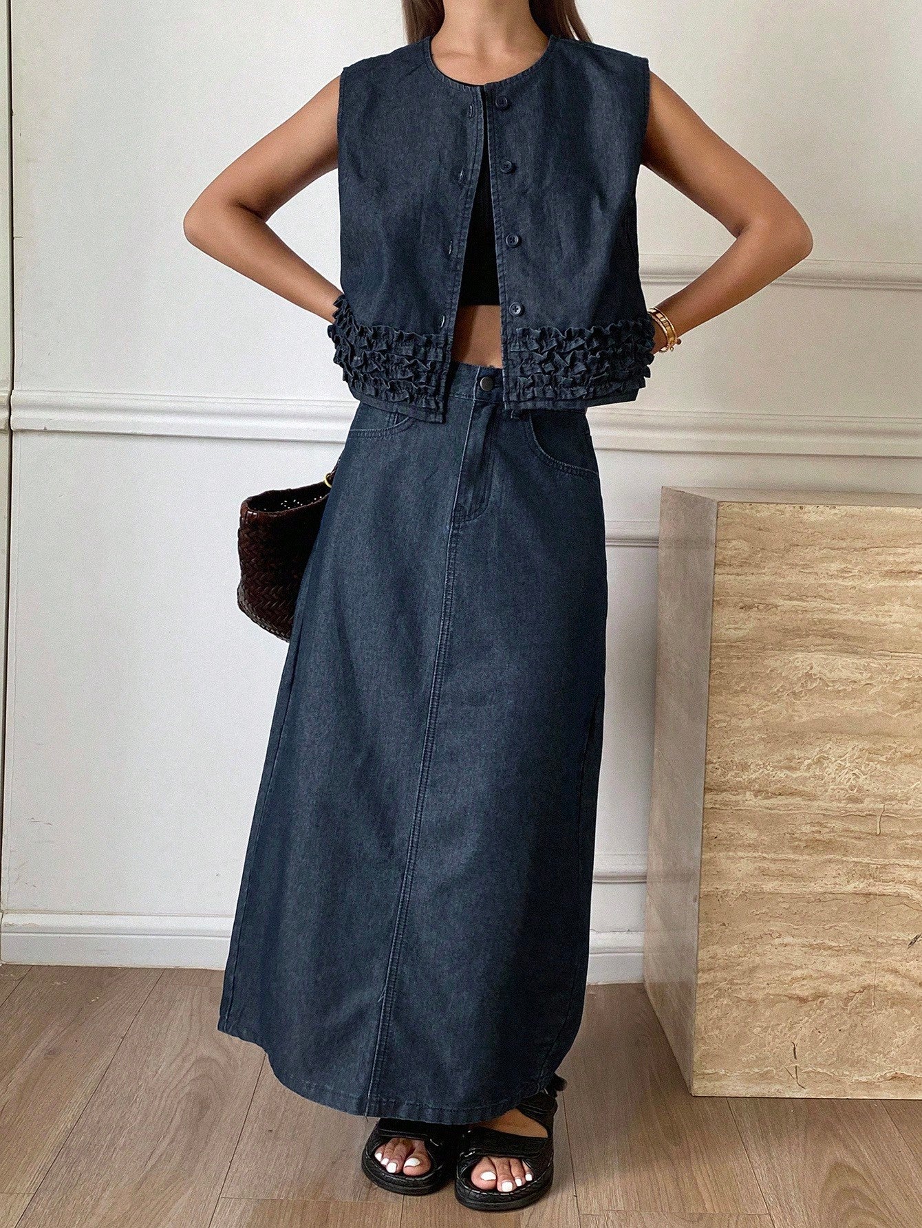 CM-SS761969 Women Casual Seoul Style Round Neck Ruffle Trim Sleeveless Denim Cardigan With Straight Long Skirt - Set