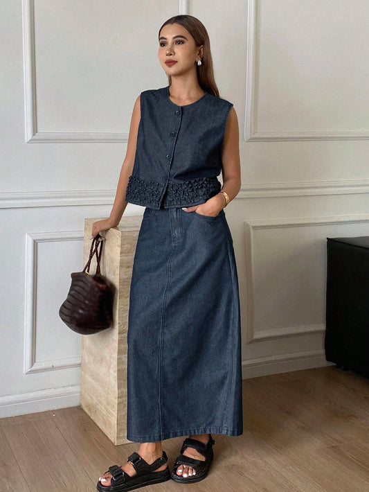 CM-SS761969 Women Casual Seoul Style Round Neck Ruffle Trim Sleeveless Denim Cardigan With Straight Long Skirt - Set